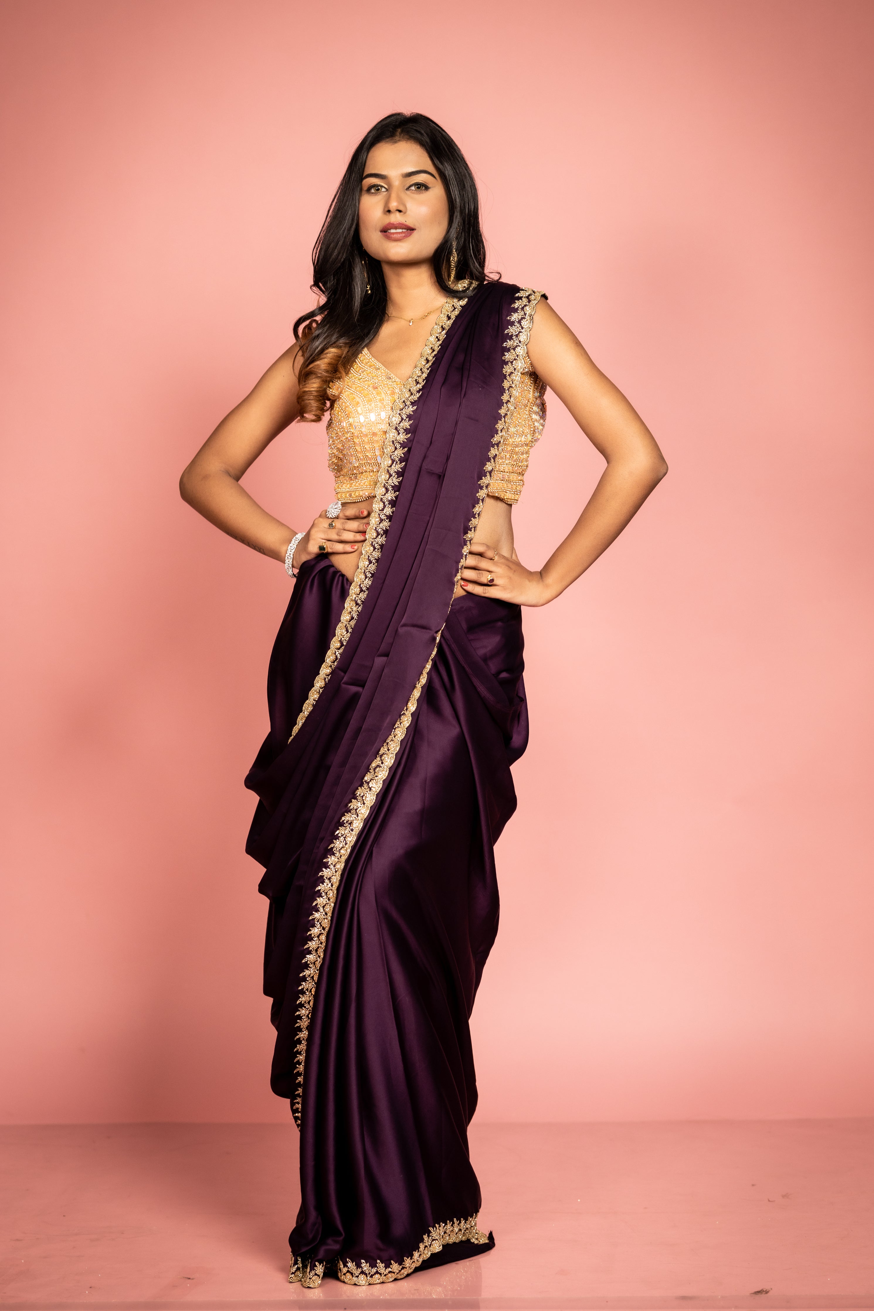 Amethyst || Dark Violet Satin Georgette Fancy Saree with all over Plain body and Cut-dana & Stone Handwork Floral Border