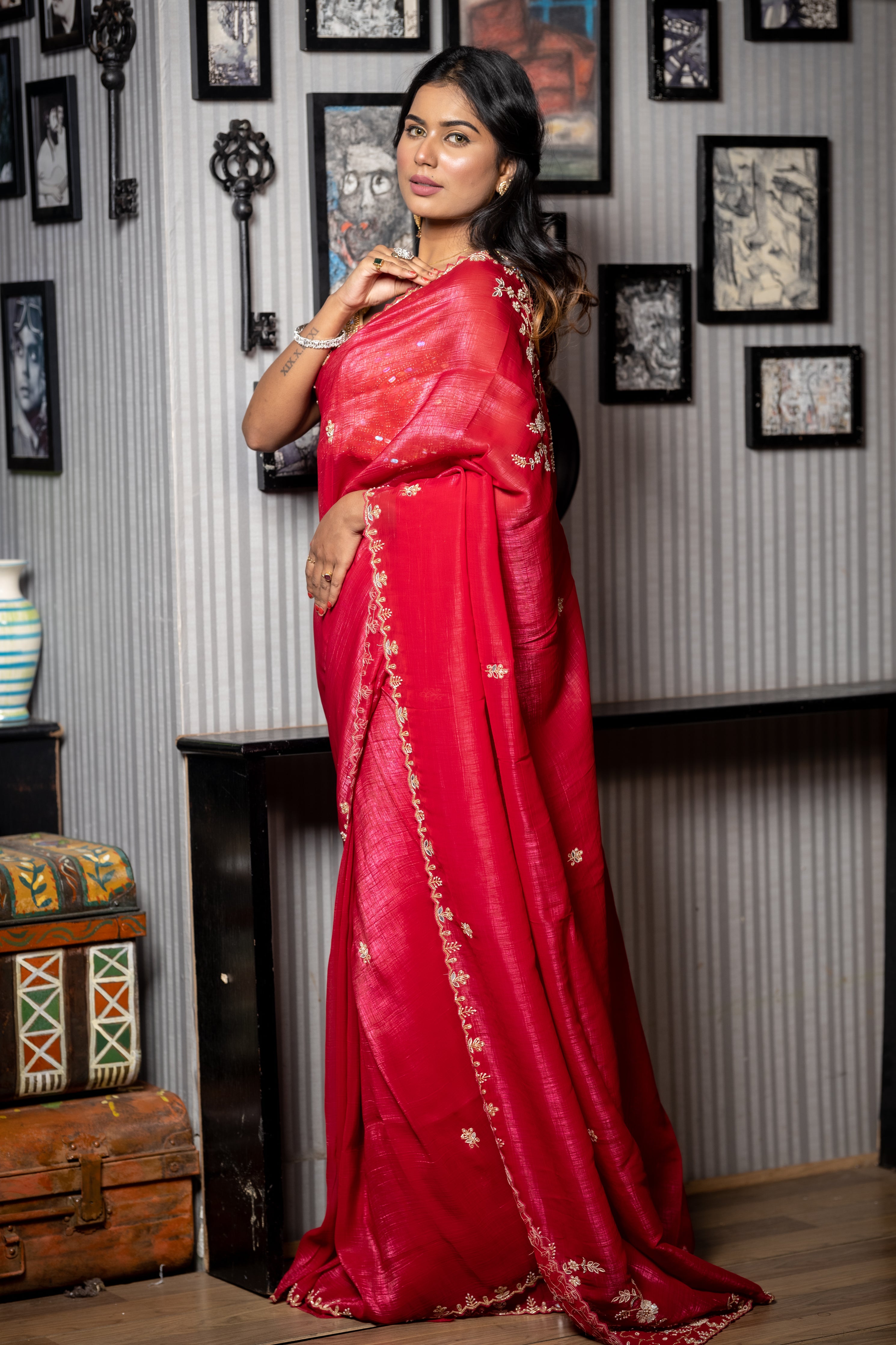 Lal Ishq || Dark Cherry Red Shimmer Silk Fancy Saree with all over Cut-dana, Mirror & Moti Handwork Floral Buta, Border and Sequins, Cut-dana, Moti, Stone & Mirror work Pallu