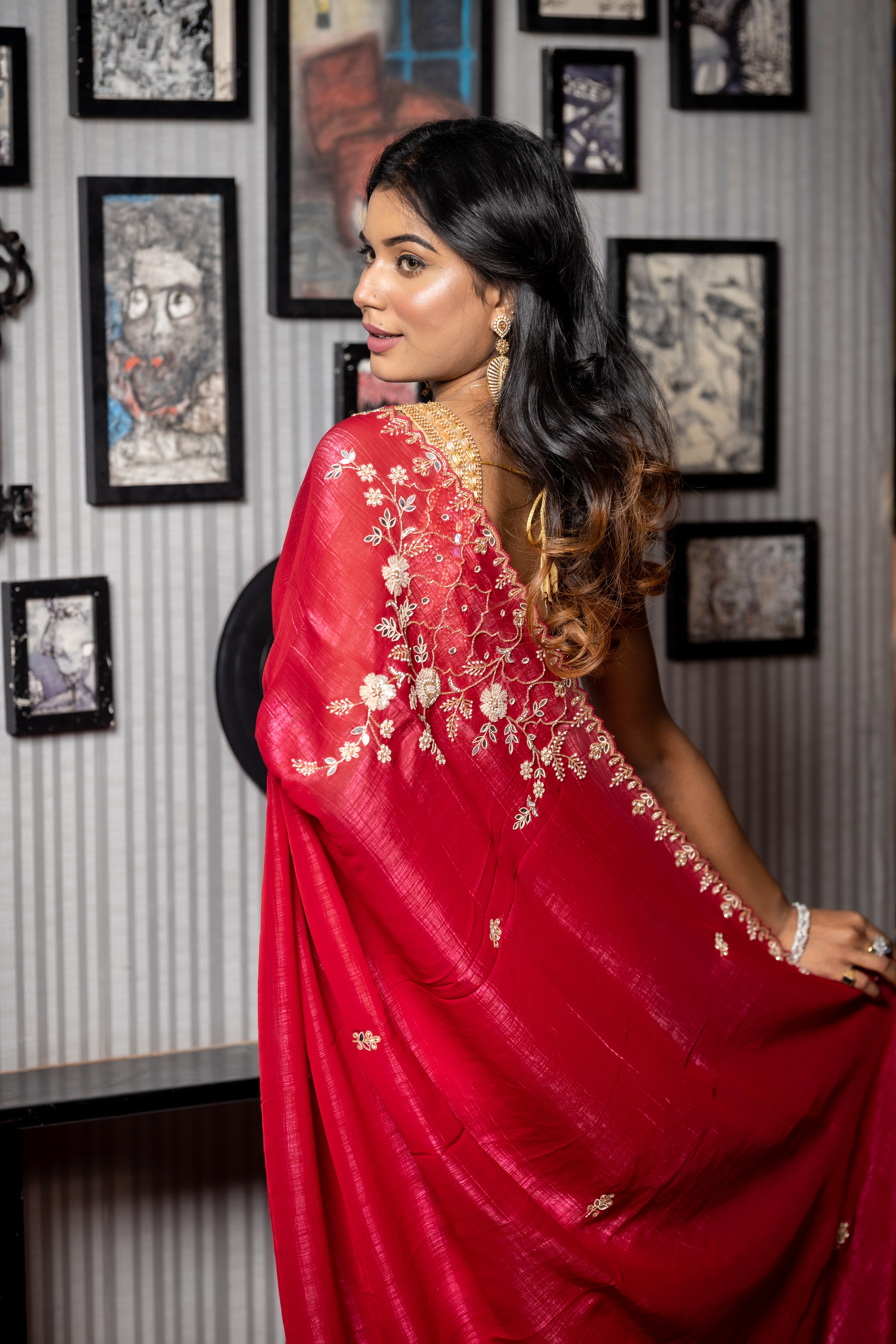 Lal Ishq || Dark Cherry Red Shimmer Silk Fancy Saree with all over Cut-dana, Mirror & Moti Handwork Floral Buta, Border and Sequins, Cut-dana, Moti, Stone & Mirror work Pallu