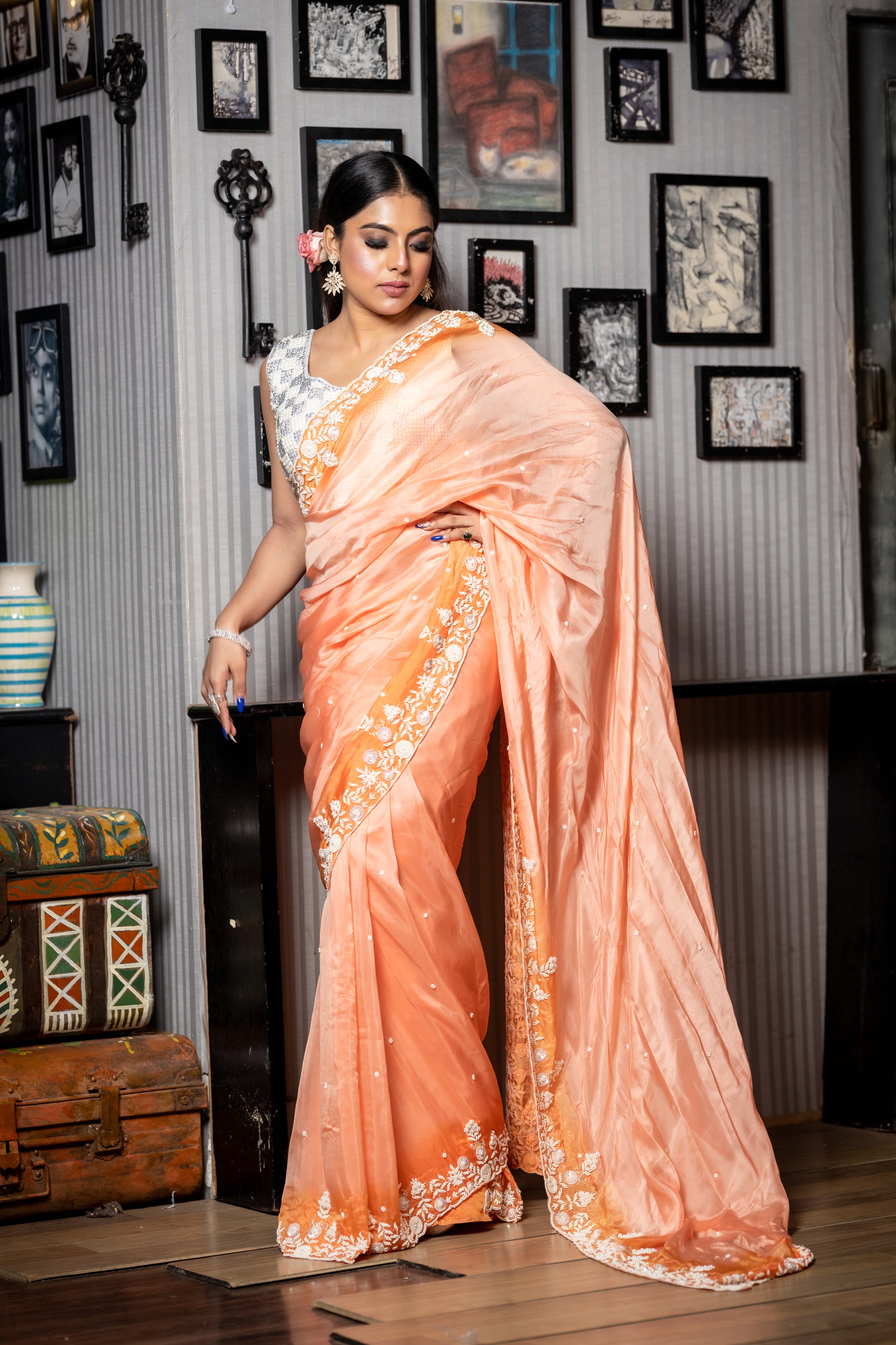 Orange Blossom || Peach & Orange Ombre Silk Organza Fancy Saree with all over Moti Handwork Floral Buti and Sequins, Cut-dana & Moti Floral Border