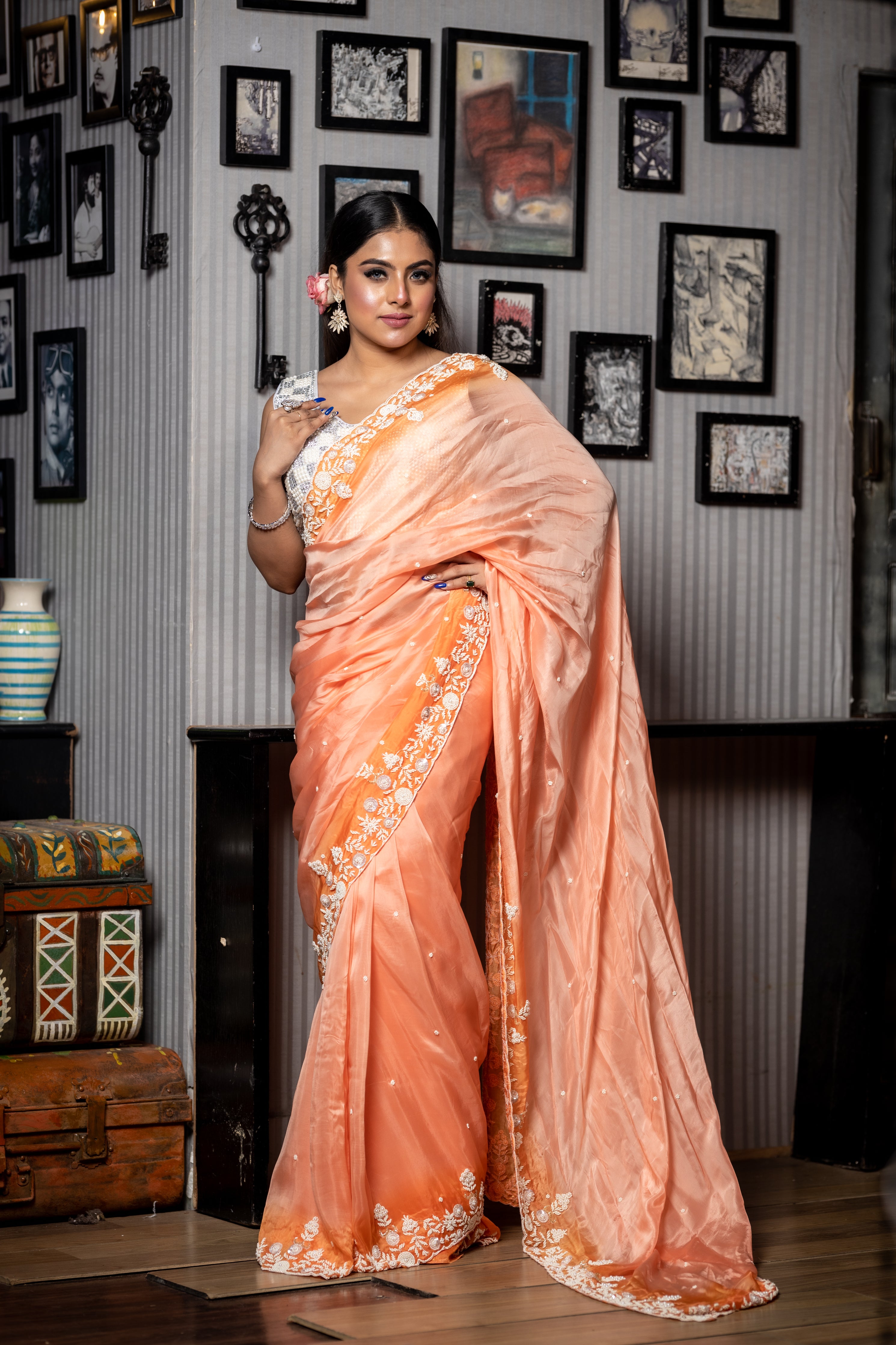 Orange Blossom || Peach & Orange Ombre Silk Organza Fancy Saree with all over Moti Handwork Floral Buti and Sequins, Cut-dana & Moti Floral Border