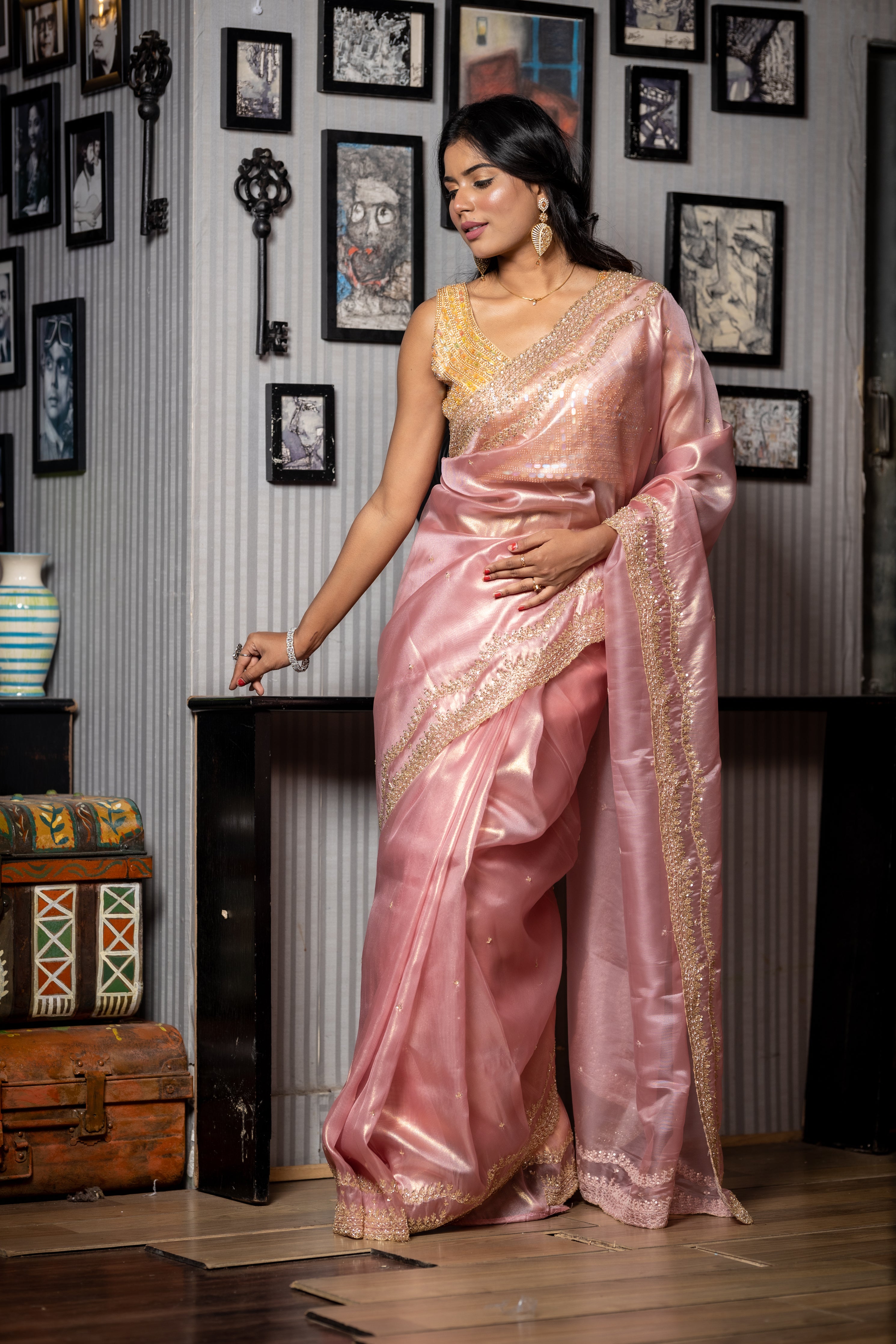 Cosmos || Onion Pink & Gold dual tone Raina Tissue Fancy Saree with all over Golden Sequins & Cut-dana Handwork Buti and Border with Moti highlights