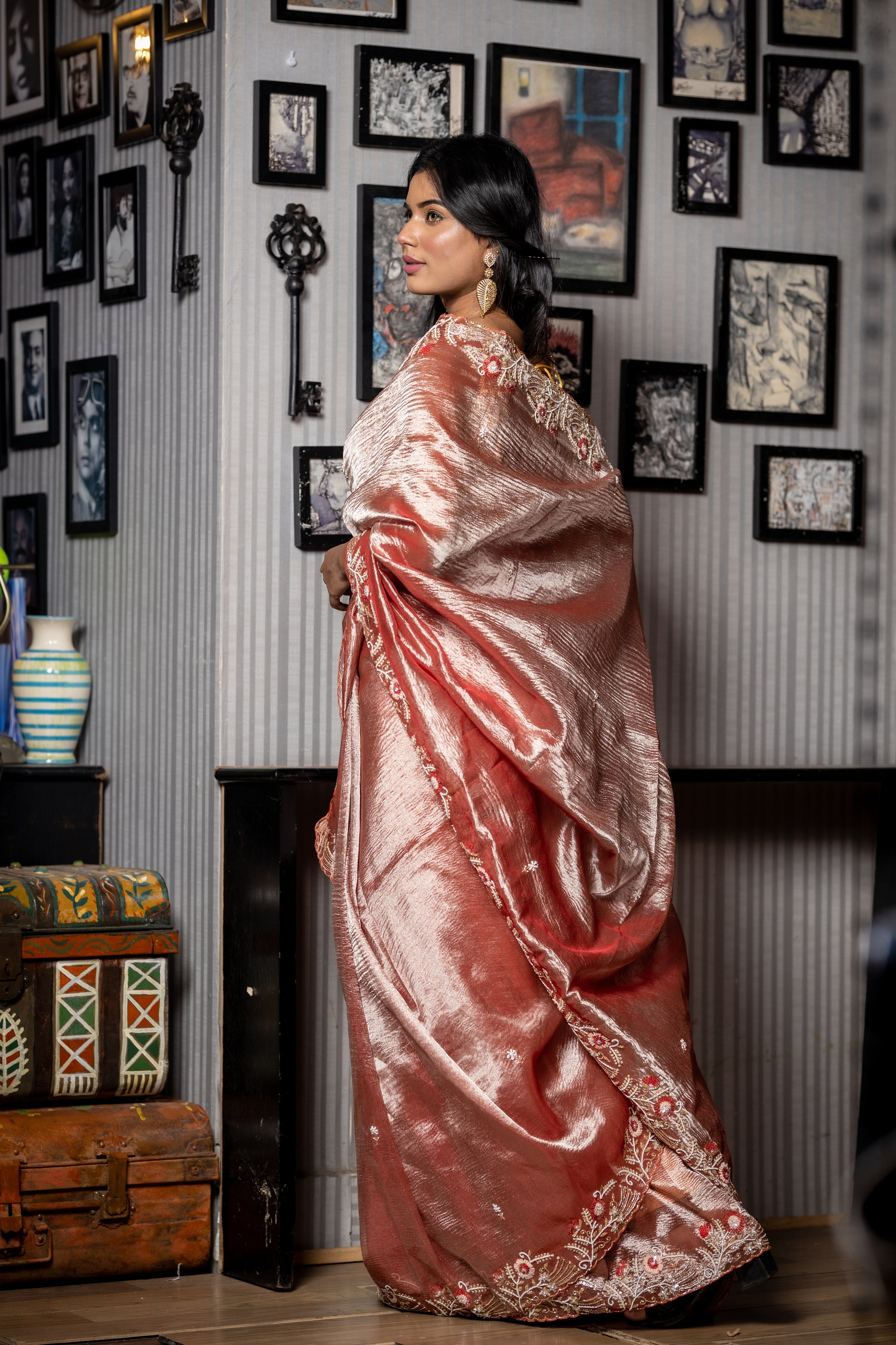 Nakhrili || Metallic Brick Brown Crushed Tissue Fancy Saree with all over Moti, Cut-dana & Sequins Handwork Floral Buti and Border with Stone Matte Copper Zari & Zardosi highlights