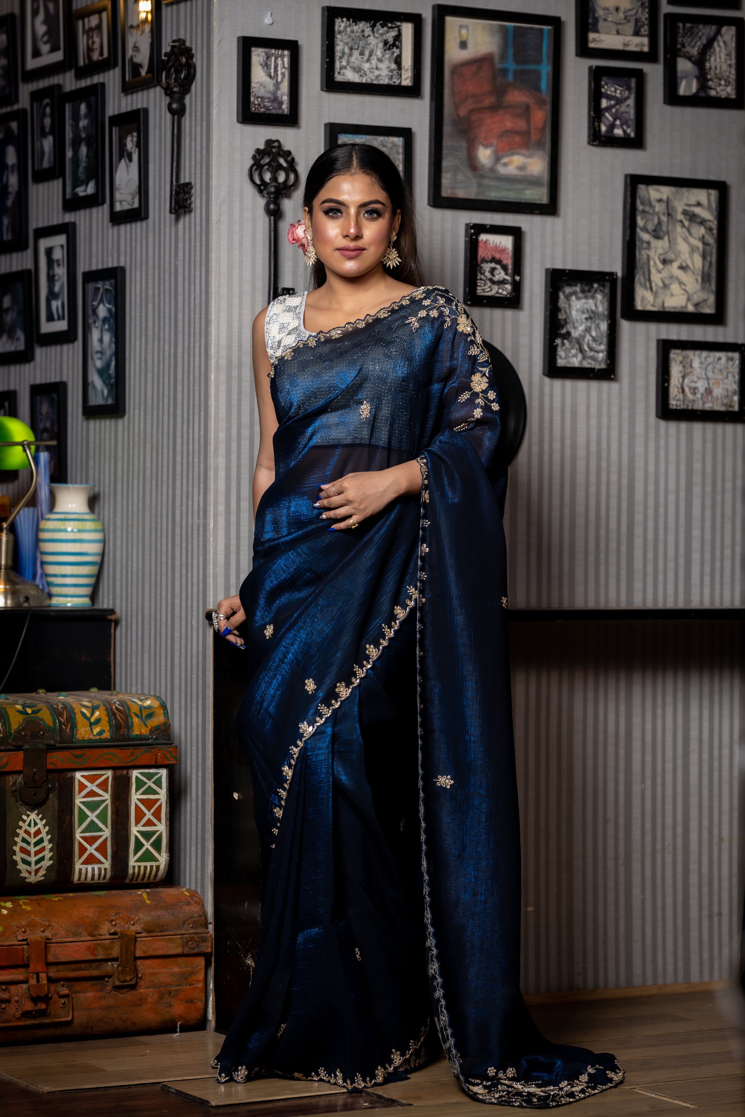 Midnight Dreams || Navy Blue & Electric Blue dual tone Shimmer Silk Fancy Saree with all over Cut-dana, Mirror & Moti Handwork Floral Buta, Border and Sequins, Cut-dana, Moti, Stone & Mirror work Pallu