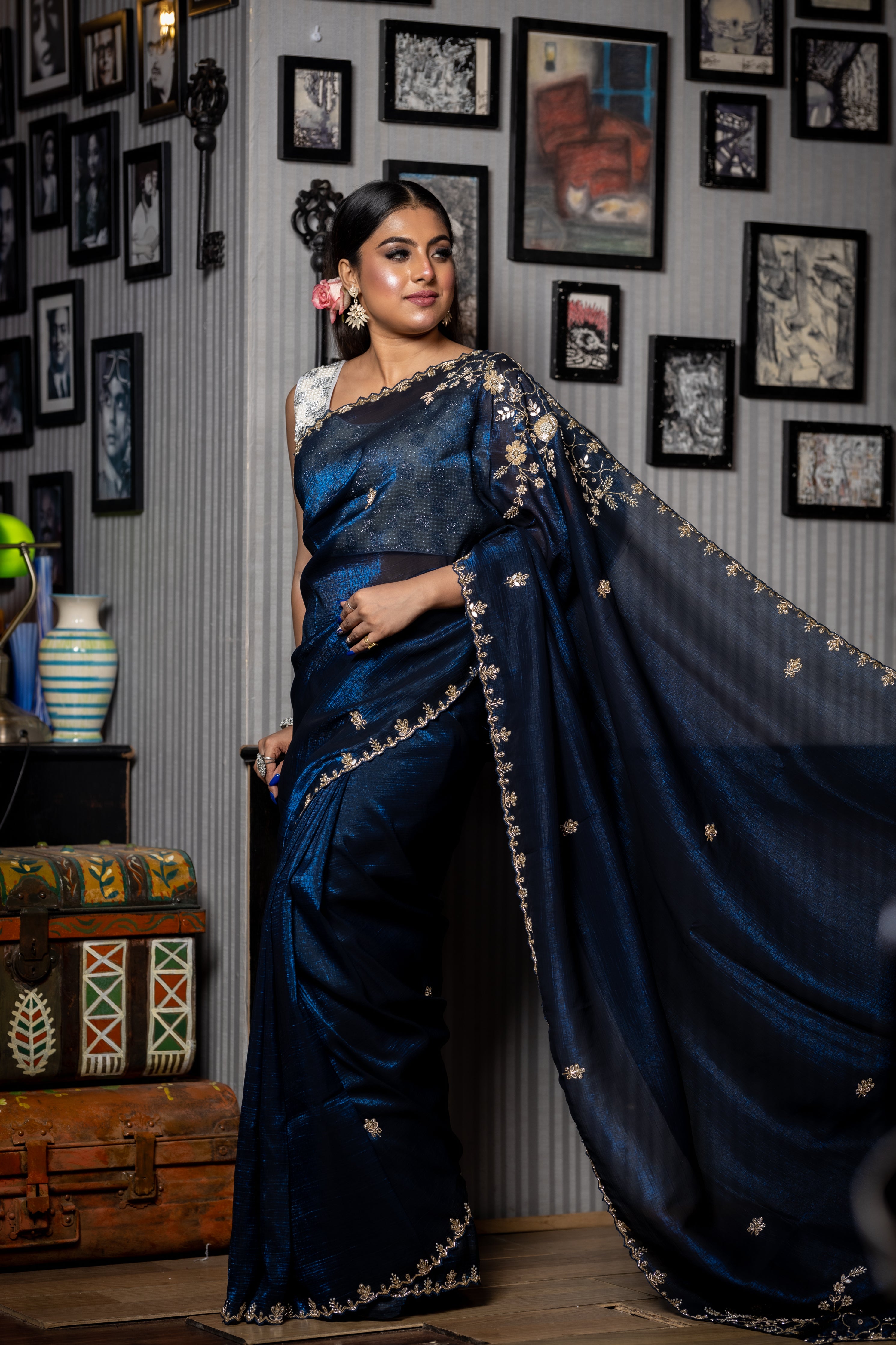 Midnight Dreams || Navy Blue & Electric Blue dual tone Shimmer Silk Fancy Saree with all over Cut-dana, Mirror & Moti Handwork Floral Buta, Border and Sequins, Cut-dana, Moti, Stone & Mirror work Pallu