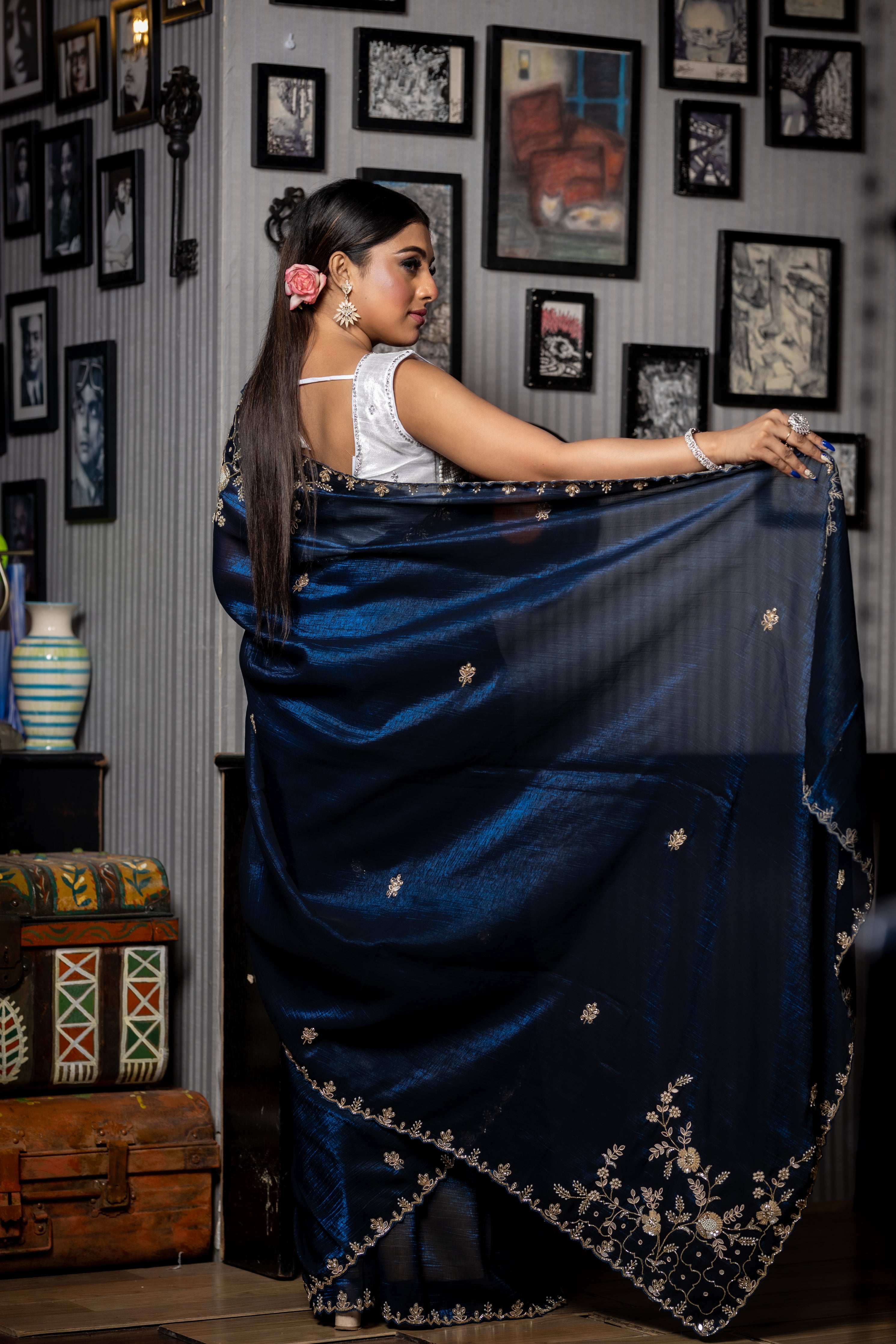 Midnight Dreams || Navy Blue & Electric Blue dual tone Shimmer Silk Fancy Saree with all over Cut-dana, Mirror & Moti Handwork Floral Buta, Border and Sequins, Cut-dana, Moti, Stone & Mirror work Pallu