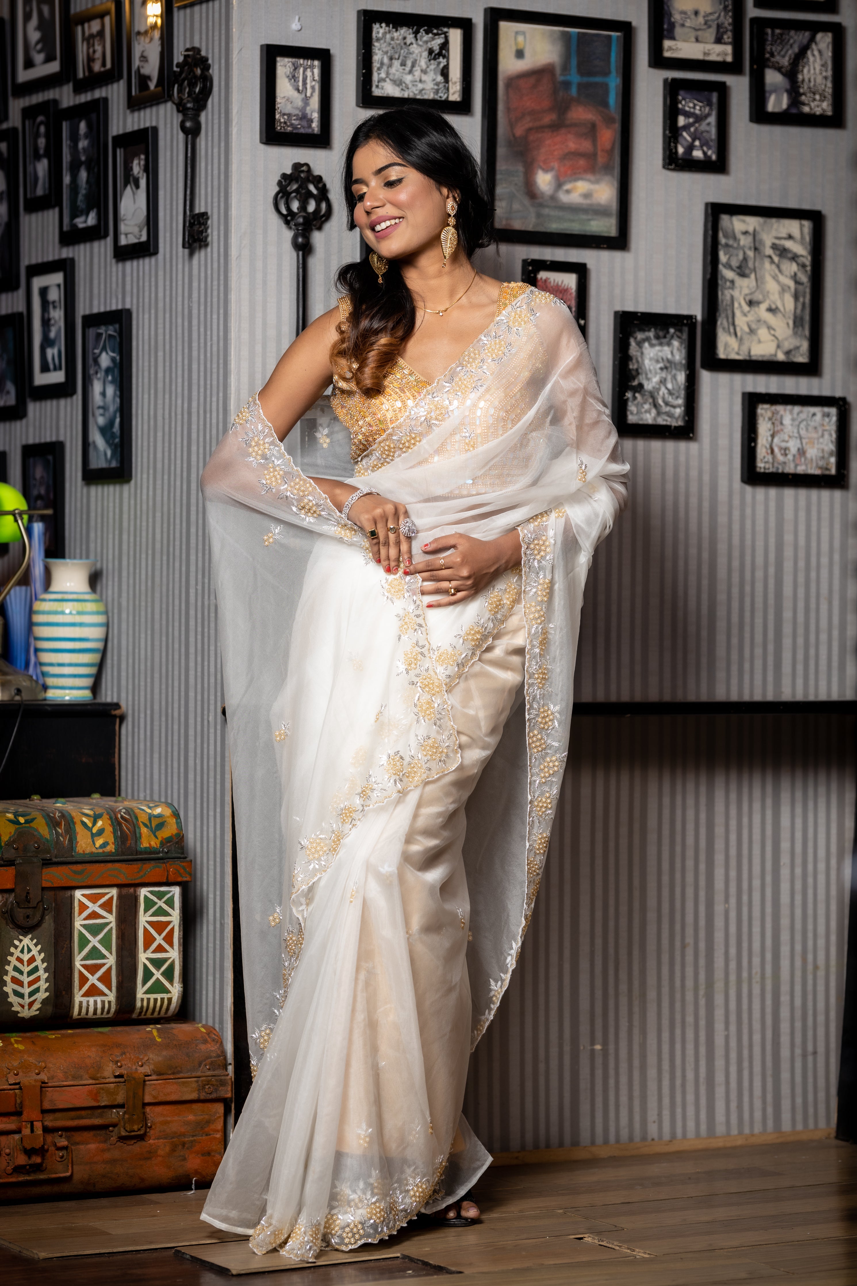 Lumi || White Soft Organza Fancy Saree with all over Moti, Silver & Gold Cut-dana Handwork Floral motif Buta and Border
