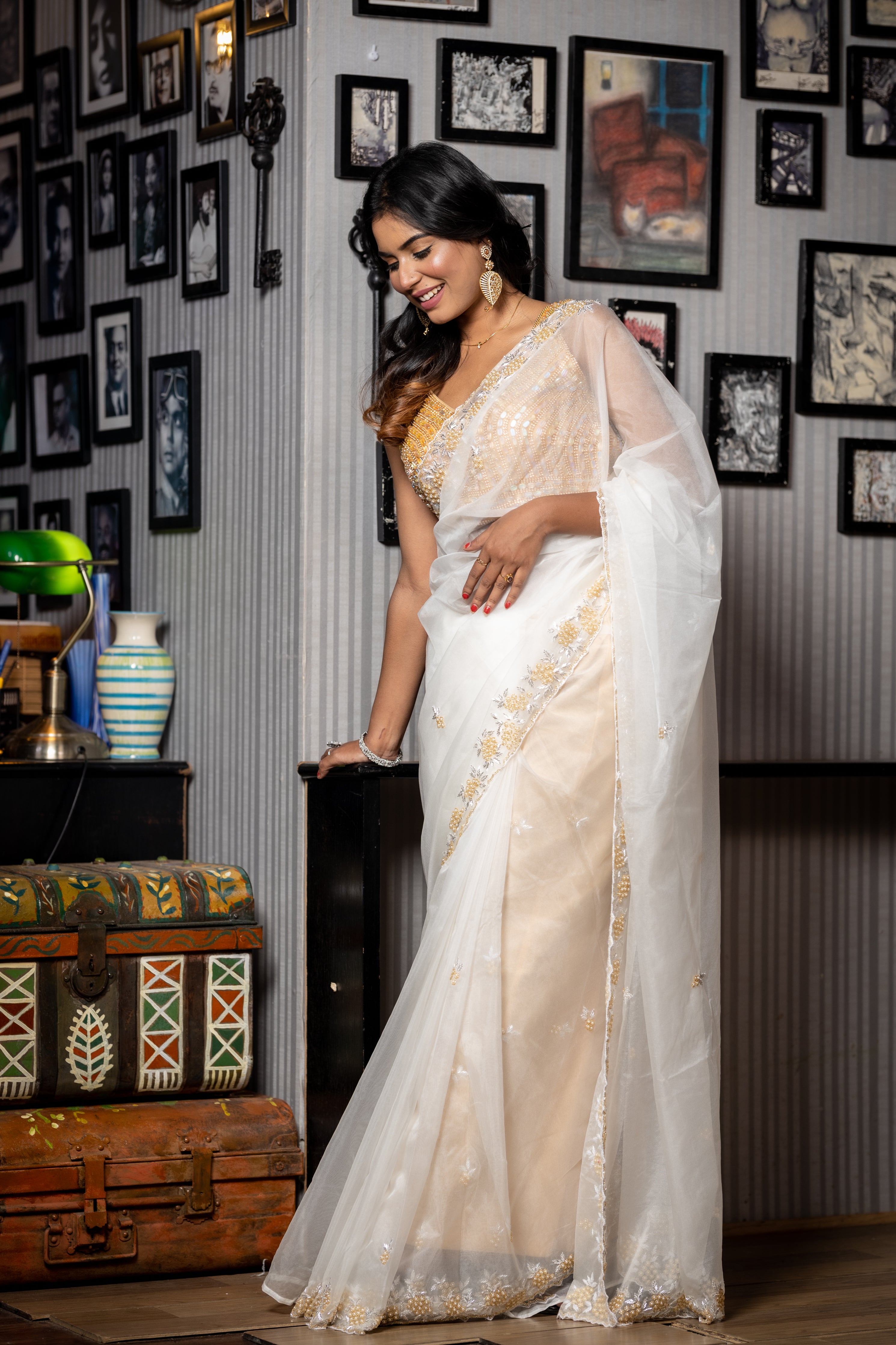 Lumi || White Soft Organza Fancy Saree with all over Moti, Silver & Gold Cut-dana Handwork Floral motif Buta and Border