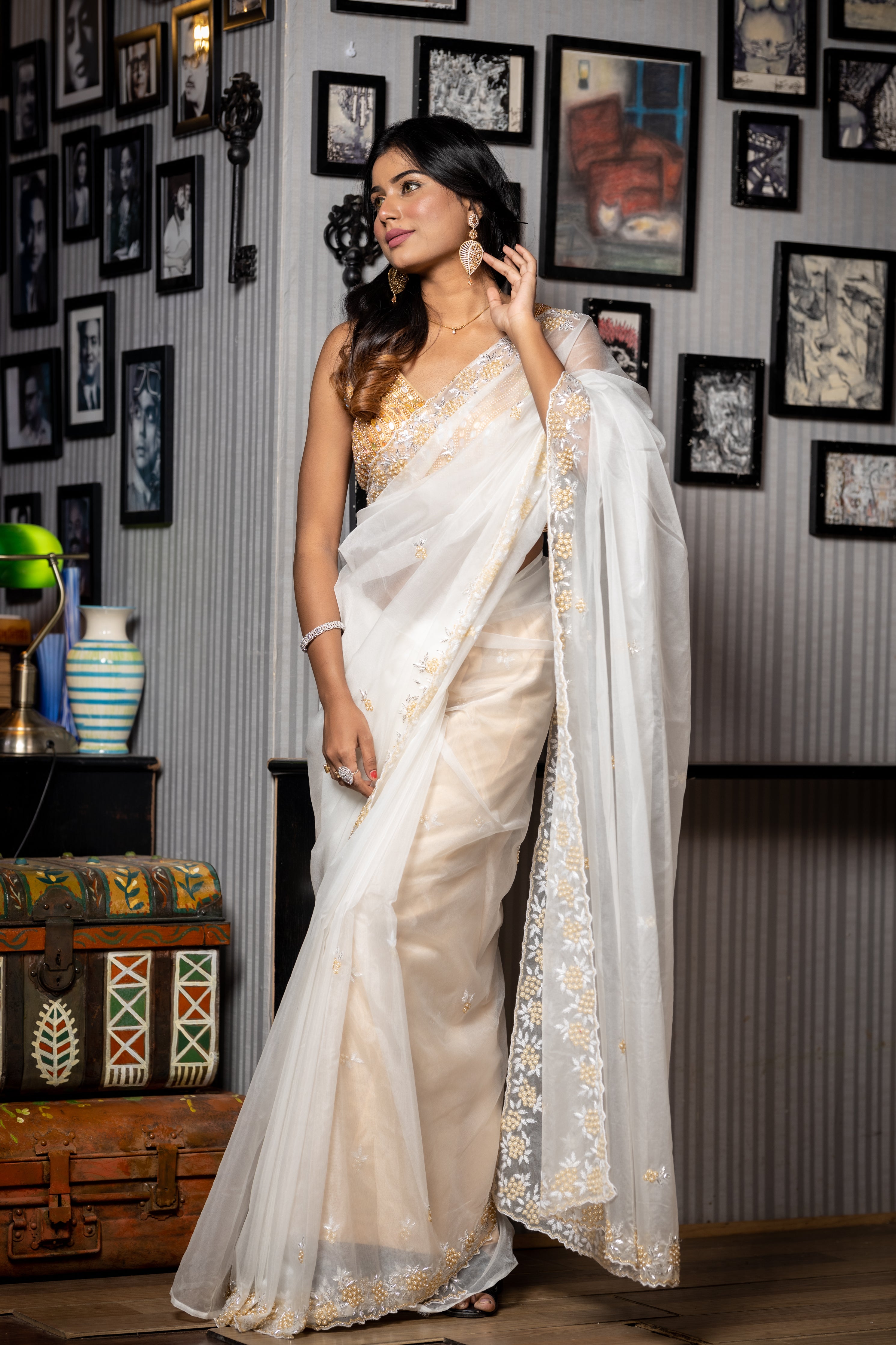 Lumi || White Soft Organza Fancy Saree with all over Moti, Silver & Gold Cut-dana Handwork Floral motif Buta and Border