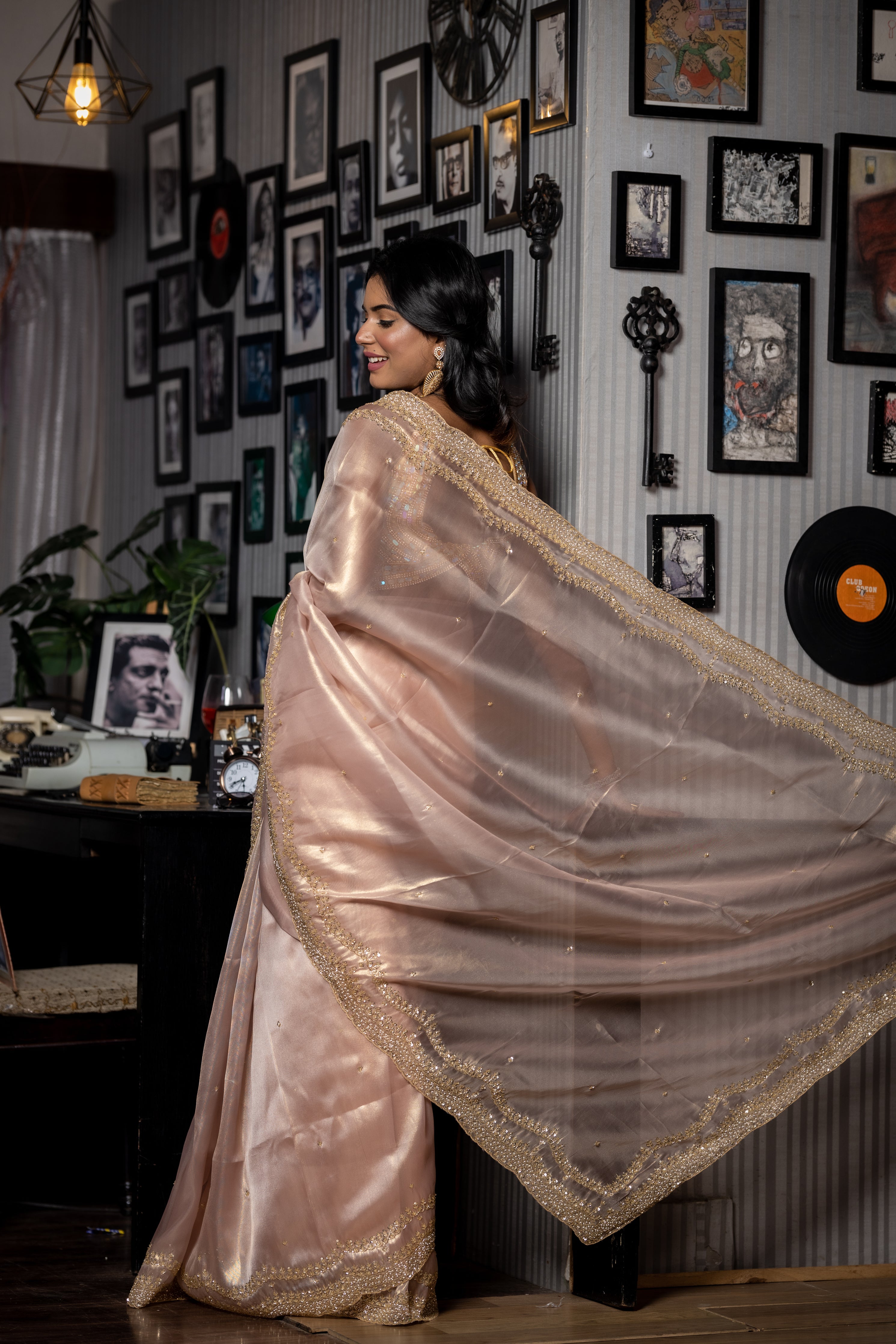 Mia || Taupe Pink & Gold dual tone Raina Tissue Fancy Saree with all over Golden Sequins & Cut-dana Handwork Buti and Border with Moti highlights