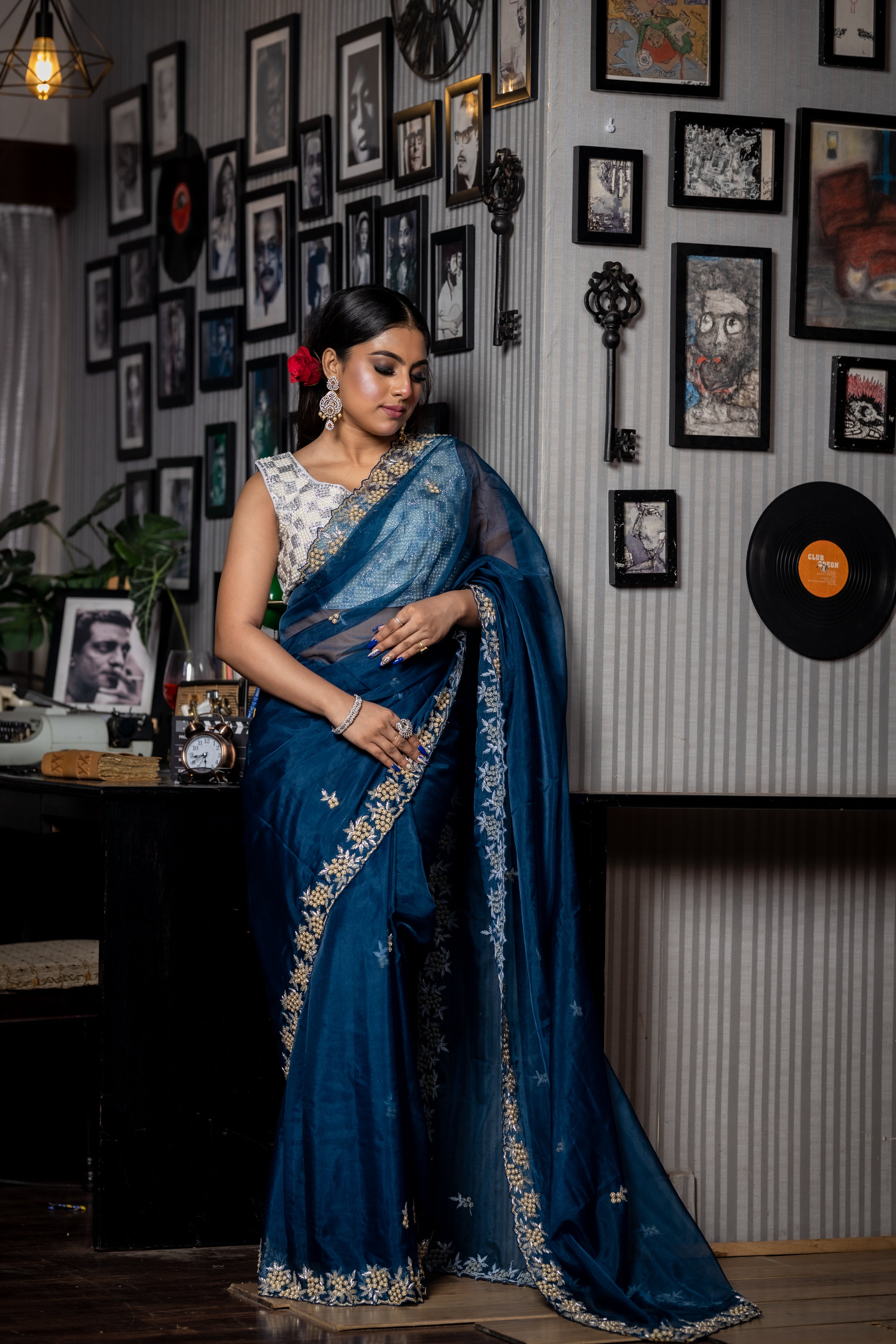 Mystic Blue || Navy Blue Soft Organza Fancy Saree with all over Moti, Silver & Gold Cut-dana Handwork Floral motif Buta and Border