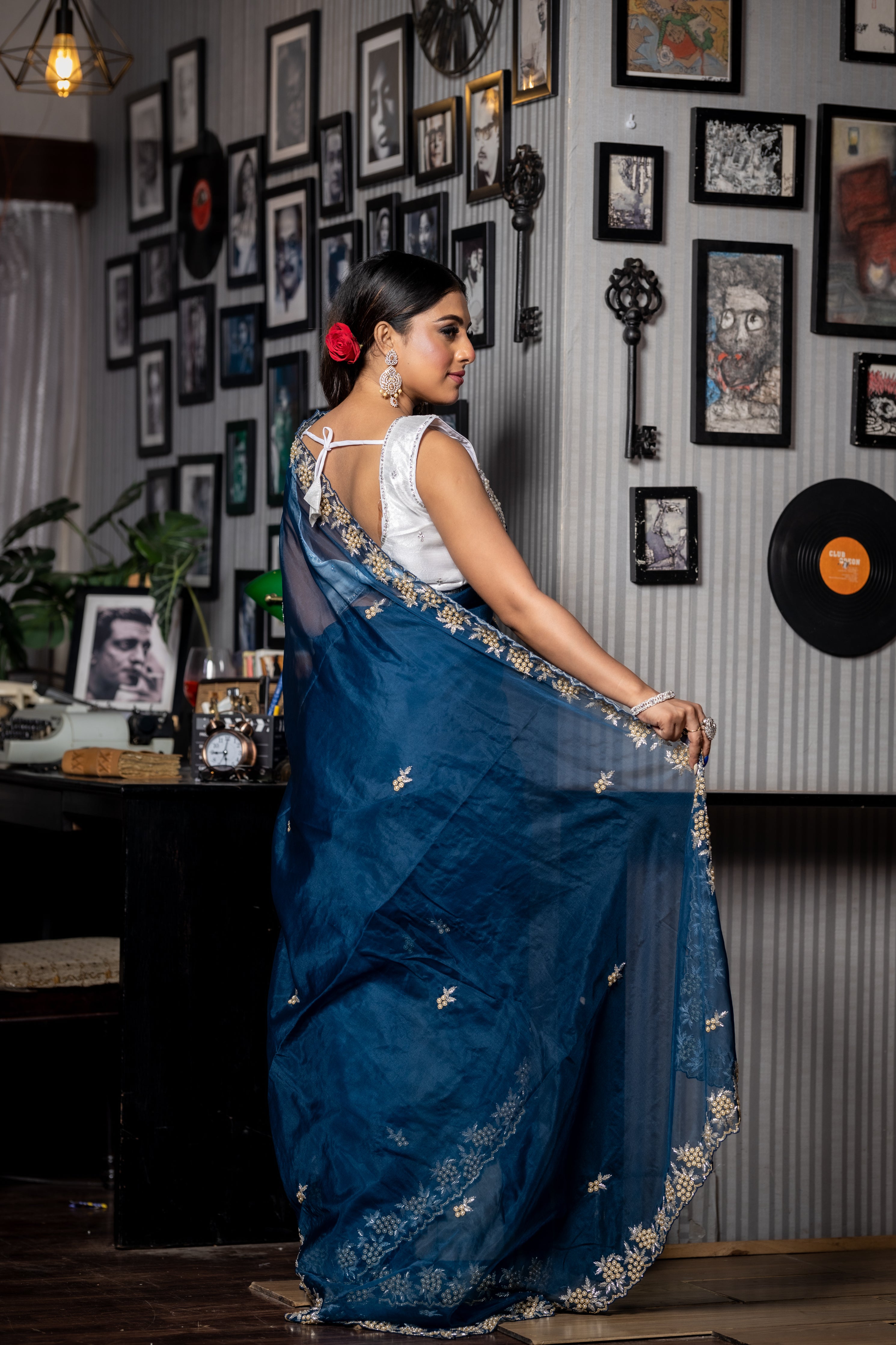 Mystic Blue || Navy Blue Soft Organza Fancy Saree with all over Moti, Silver & Gold Cut-dana Handwork Floral motif Buta and Border