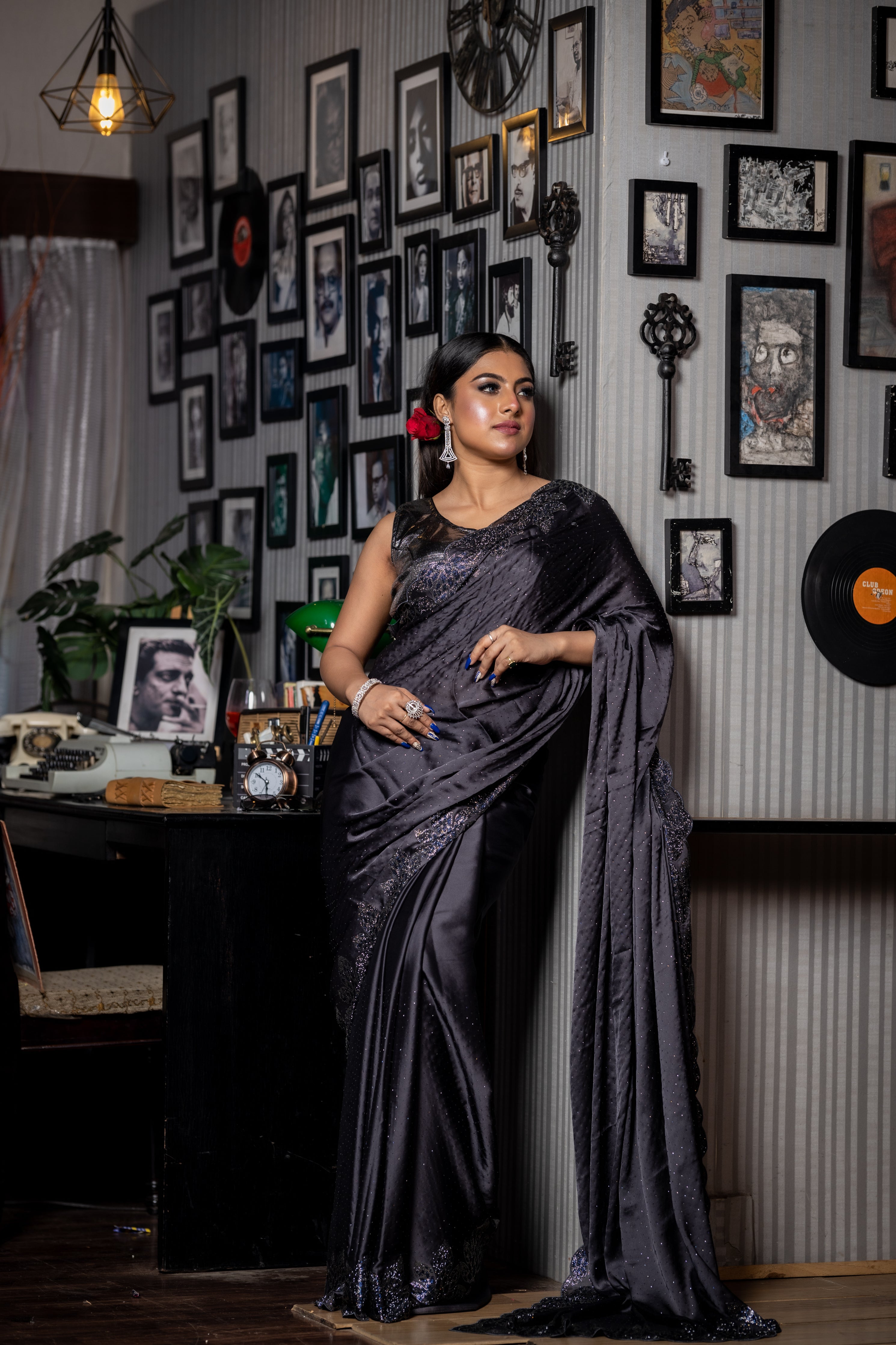 Metallic Mystery || Gunmetal Grey Satin Crepe Fancy Saree with all over Swarovski and Metallic Blue Rhinestone & Swarovski Handwork Floral motif Border