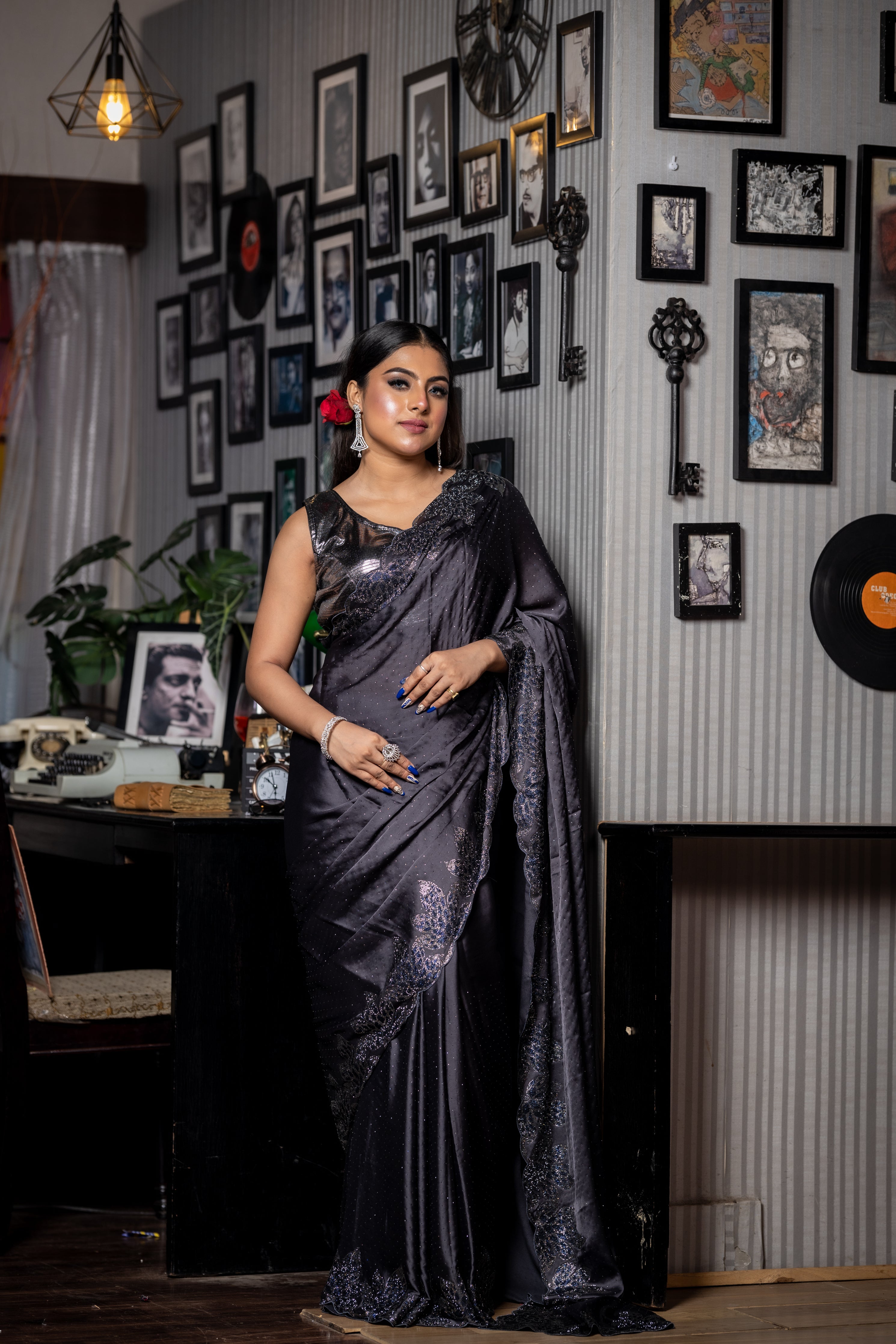 Metallic Mystery || Gunmetal Grey Satin Crepe Fancy Saree with all over Swarovski and Metallic Blue Rhinestone & Swarovski Handwork Floral motif Border