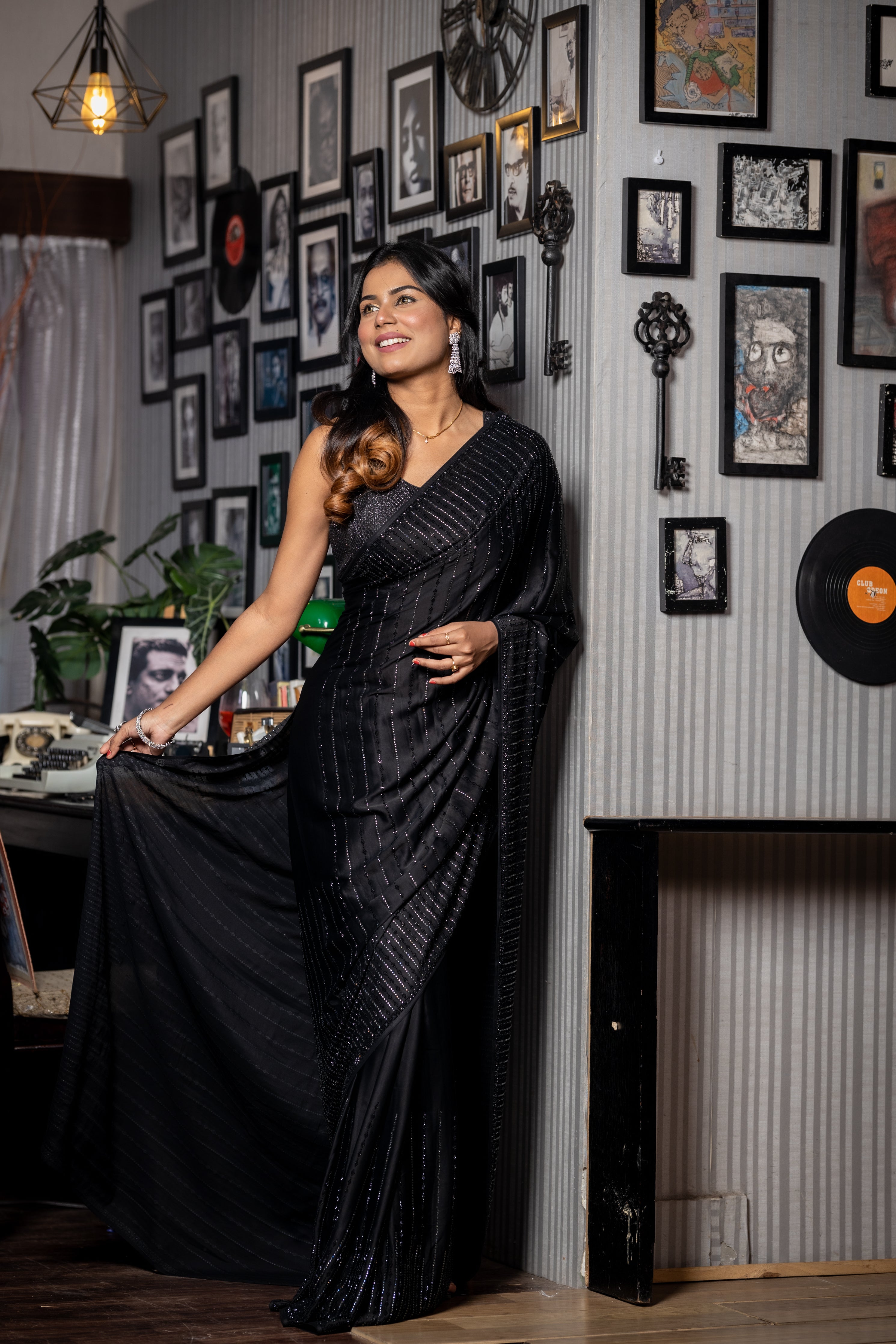 Black Swan || Black Satin Crepe Fancy Saree with all over Swarovski & Black Rhinestone Handwork Stripes