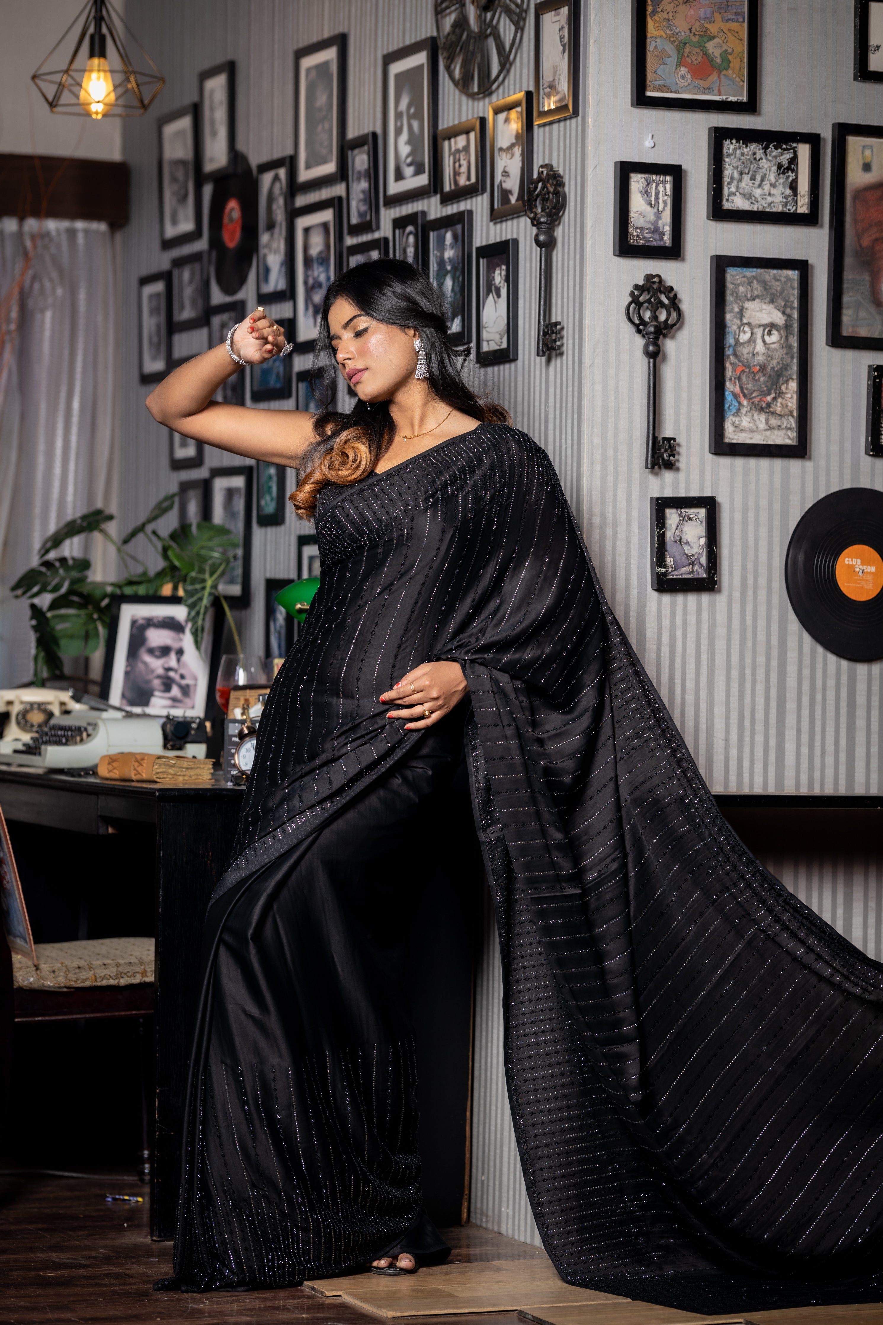 Black Swan || Black Satin Crepe Fancy Saree with all over Swarovski & Black Rhinestone Handwork Stripes