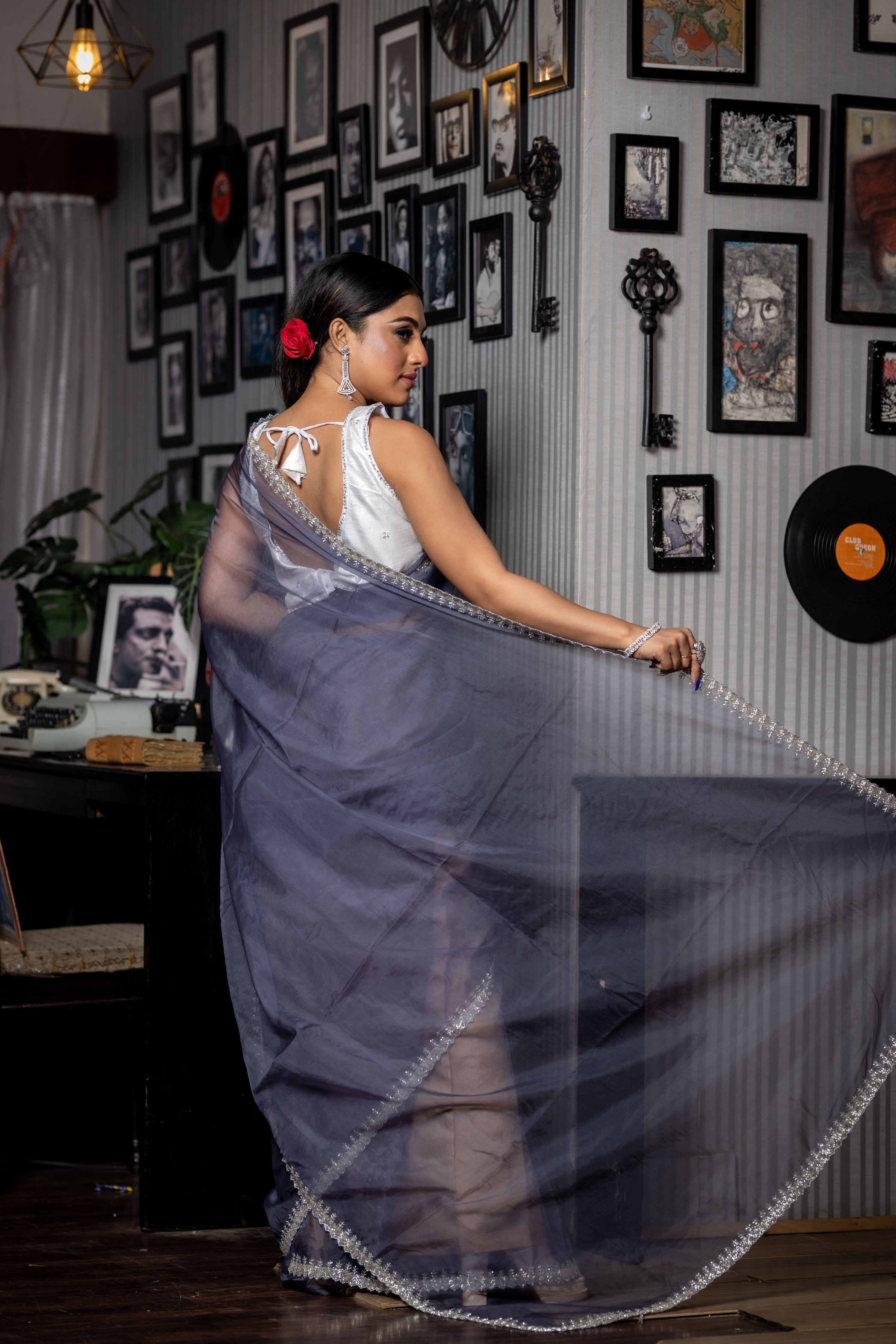 Misty || Slate Grey Soft Organza Fancy Saree with all over Plain body and Silver Cut-dana Handwork Border