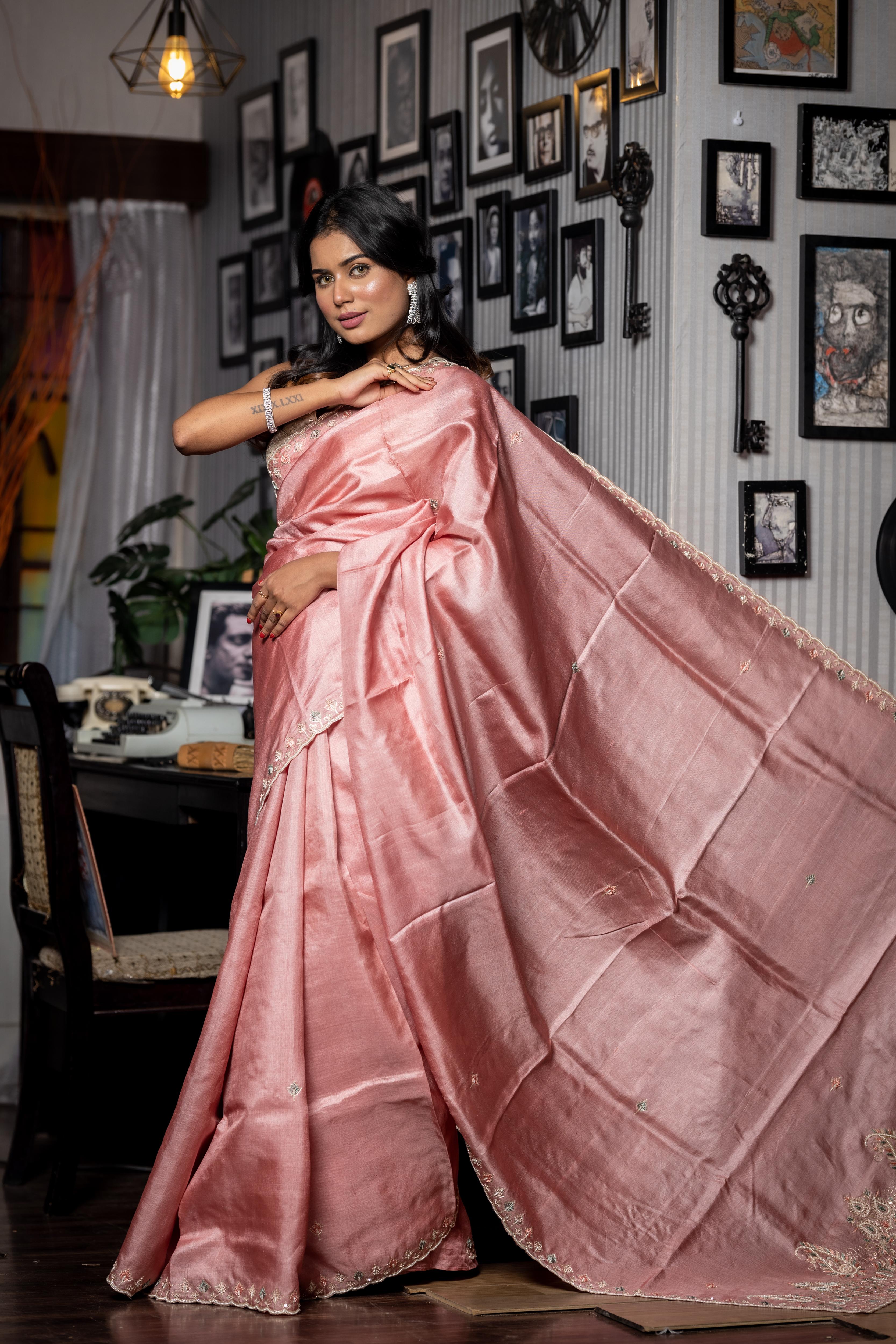 Akira || Light Onion Pink Pure Tussar Silk Hand Embroidery Saree with all over Multi-colour Resham Floral Buti and Peta Zari-Moti- Zardozi highlights