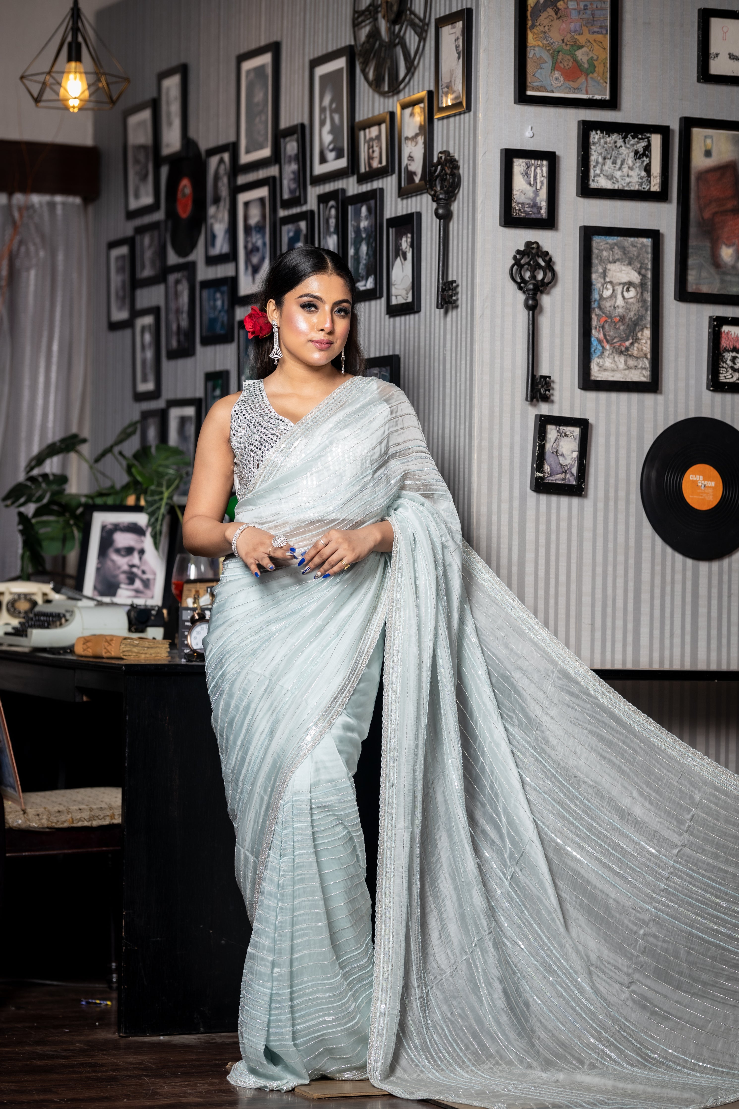 Crystal || Ice Blue Soft Organza Fancy Saree with all over Silver Cut-dana & Ice Blue Sequins Handwork Stripes and sleek Border with Stone highlights