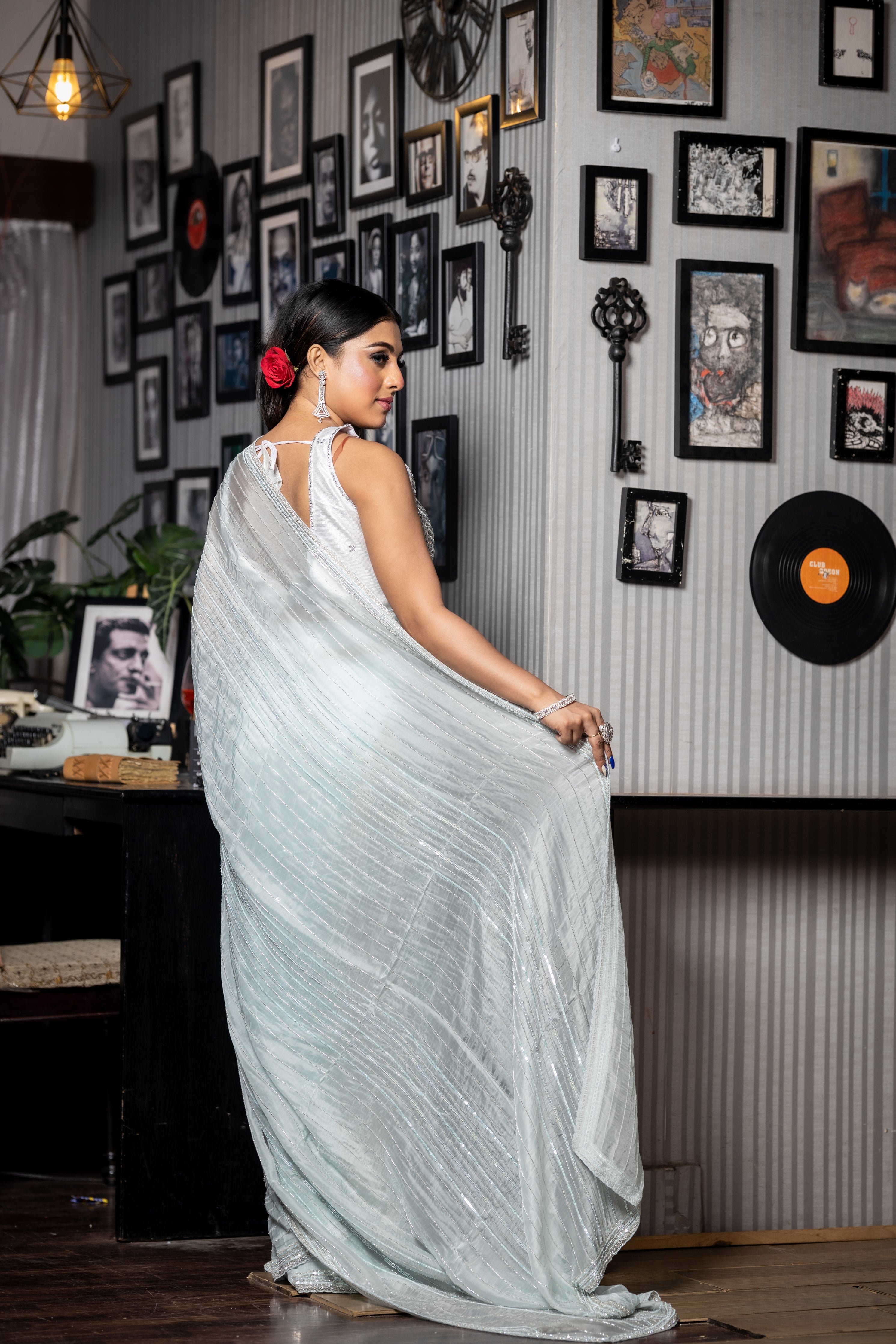 Crystal || Ice Blue Soft Organza Fancy Saree with all over Silver Cut-dana & Ice Blue Sequins Handwork Stripes and sleek Border with Stone highlights