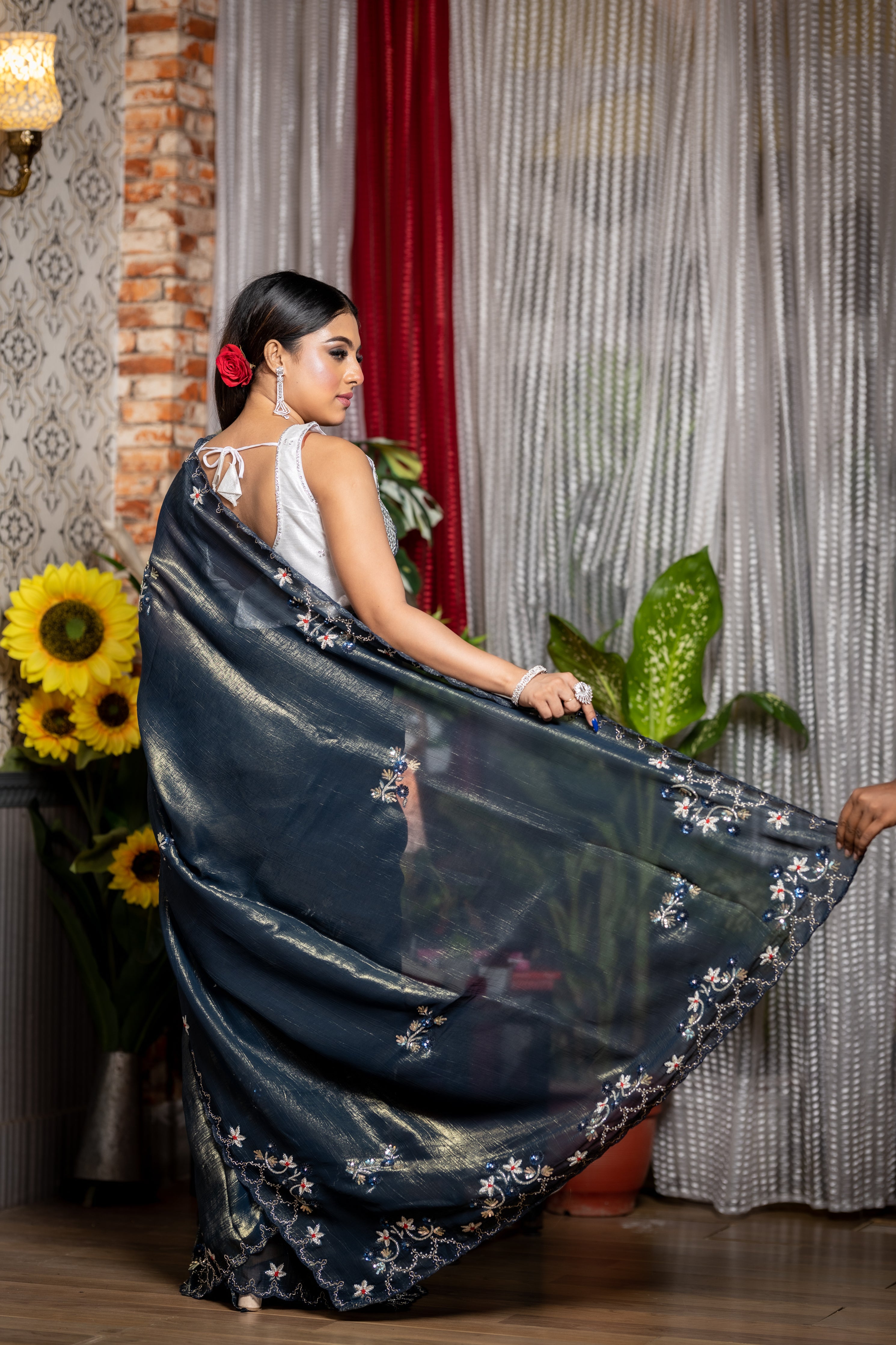Rumi || Gunmetal Blue & Matte Gold Shimmer Organza Fancy Saree with all over Blue & Gold Sequins, Cut-dana & Stone Handwork Floral motif Buta and Moti, Sequins, Cut-dana, Resham, Zardosi & Stone Floral Border