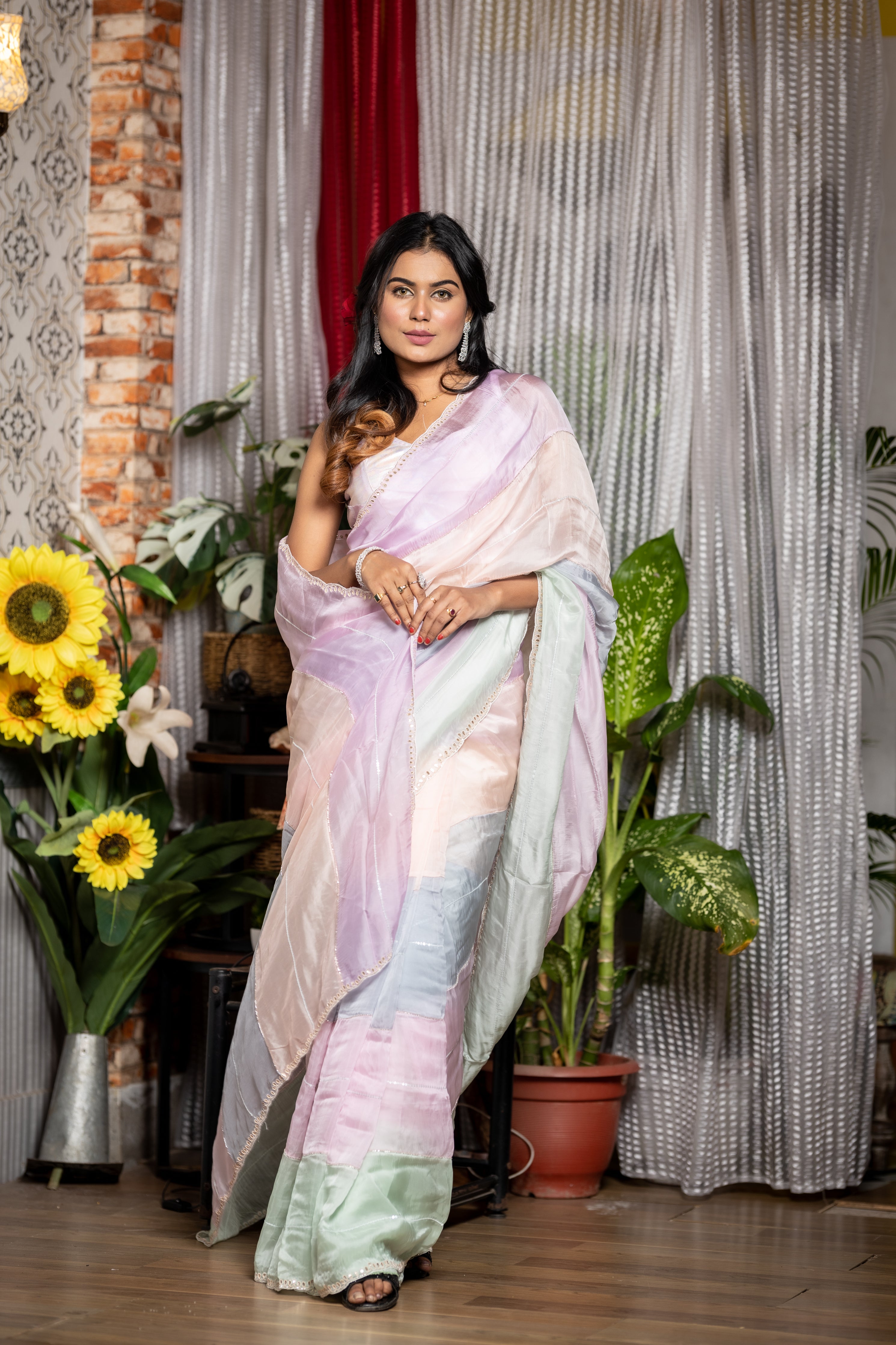 Genelia || Light & Dark tone Mint Green, Lavender, Ice Blue, Peach & Pastel Pink shaded Soft Organza Fancy Saree with all over Sequins & Cut-dana Stripe and Gota Patti Handwork Border
