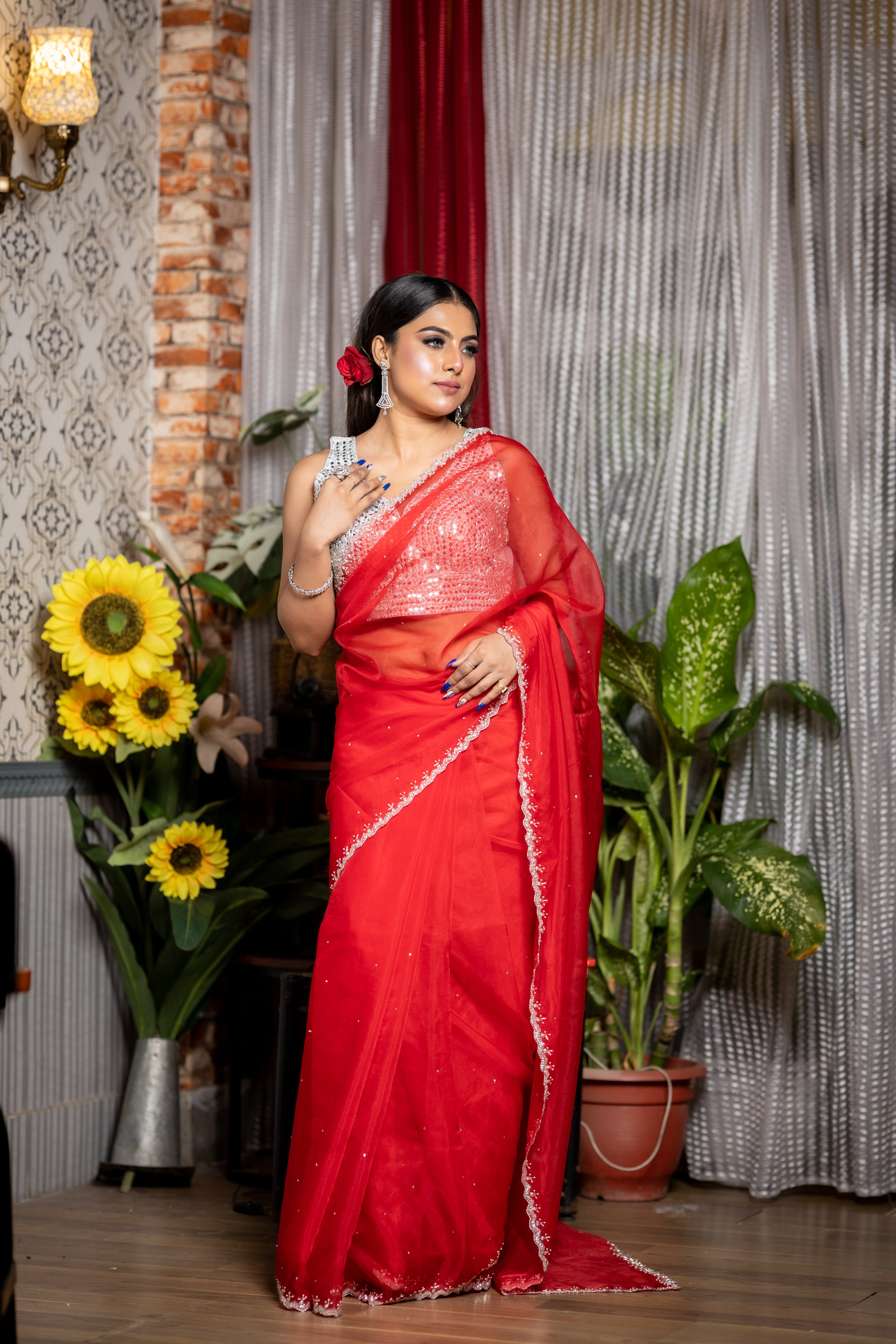 Scarlet || Bright Red Soft Organza Fancy Saree with all over Stone and Silver Cut-dana & White Moti Handwork Border
