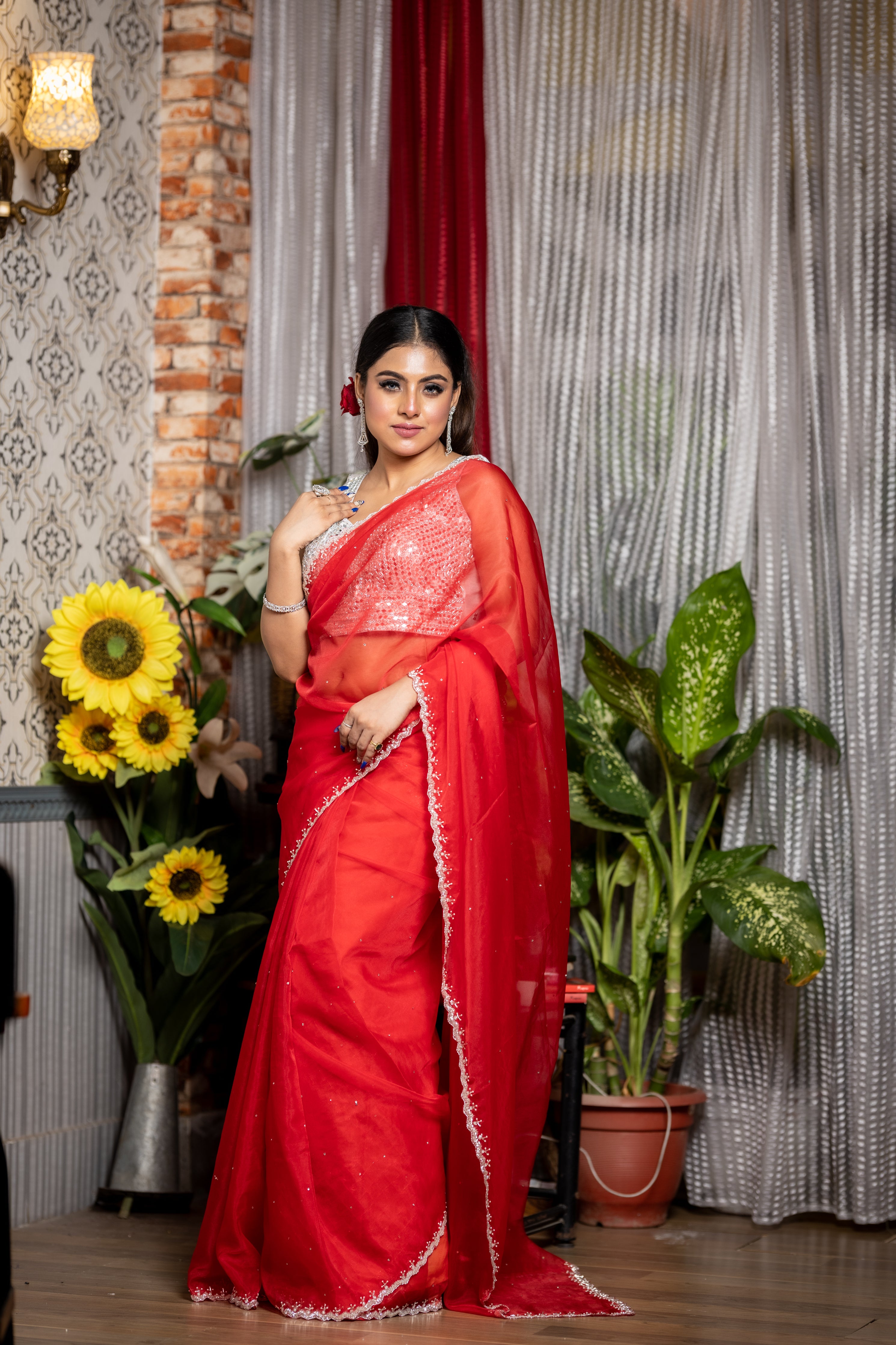 Scarlet || Bright Red Soft Organza Fancy Saree with all over Stone and Silver Cut-dana & White Moti Handwork Border