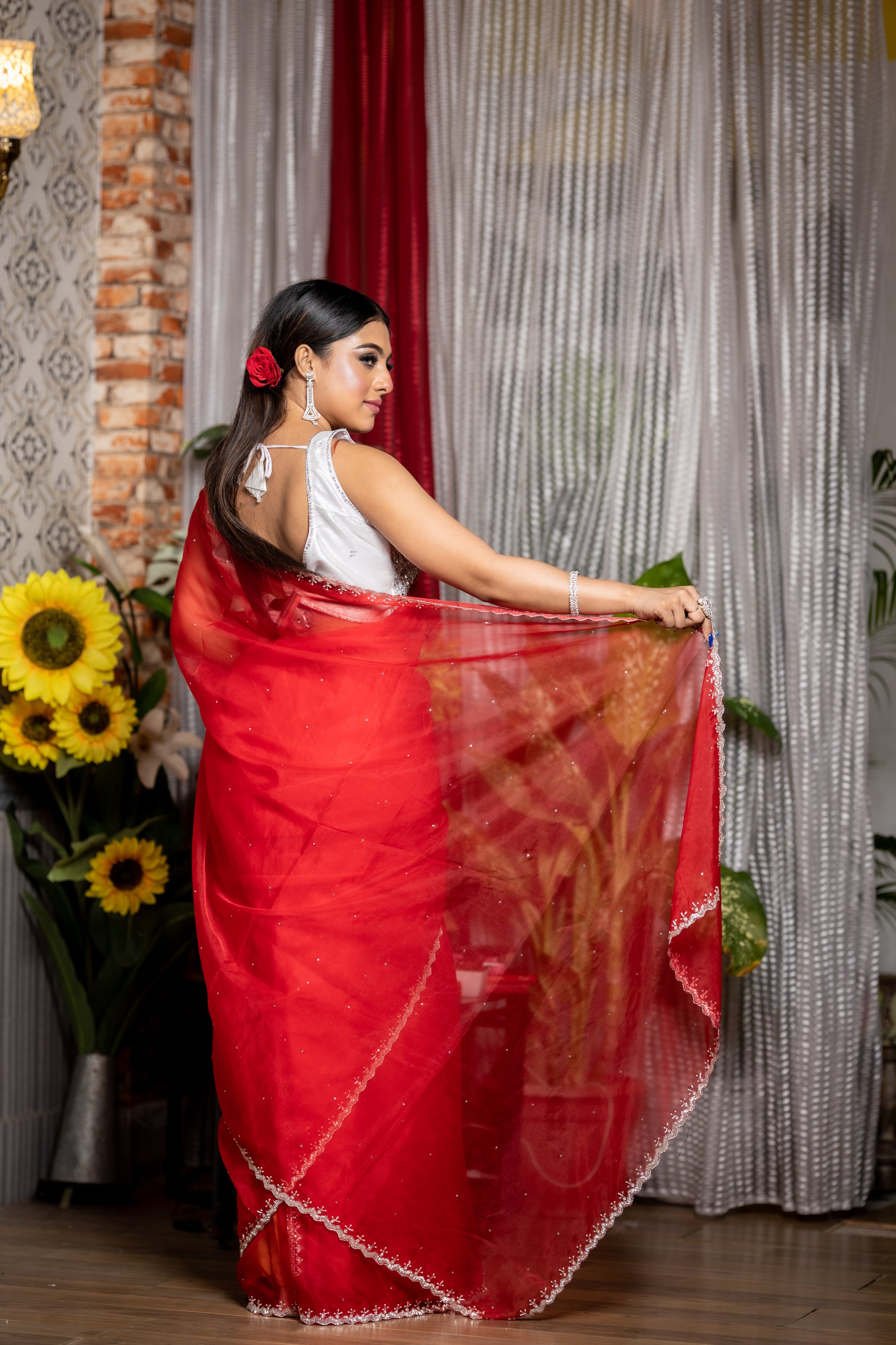 Scarlet || Bright Red Soft Organza Fancy Saree with all over Stone and Silver Cut-dana & White Moti Handwork Border