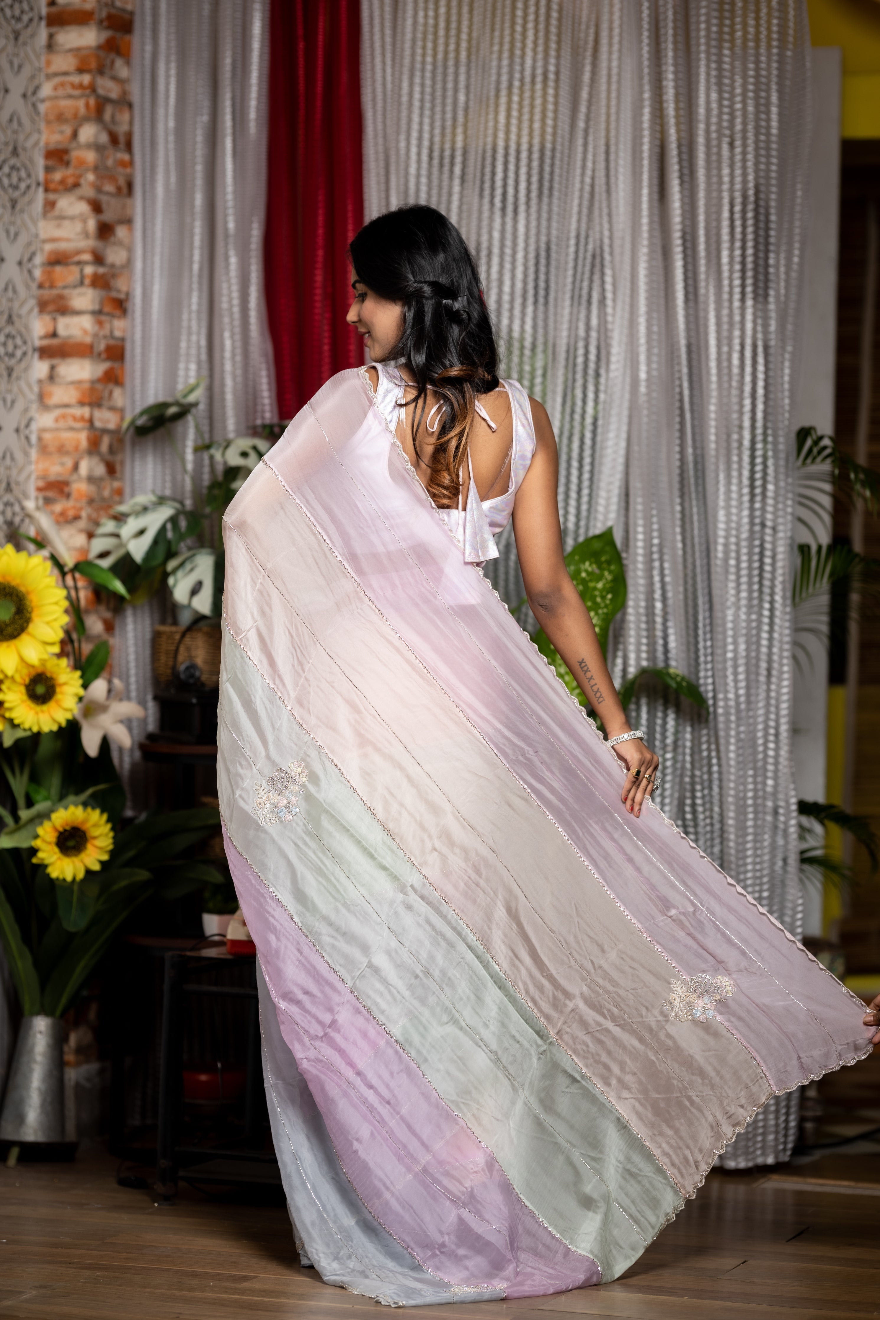 Marshmallow || Light & Dark tone Grey, Mint Green, Lavender, Ice Blue, Peach & Baby Pink shaded Soft Organza Fancy Saree with all over Stone & Cut-dana Stripe with Sequins, Moti, Cut-dana, Stone & Zardosi Handwork Floral motif Buta and Cut-dana Border