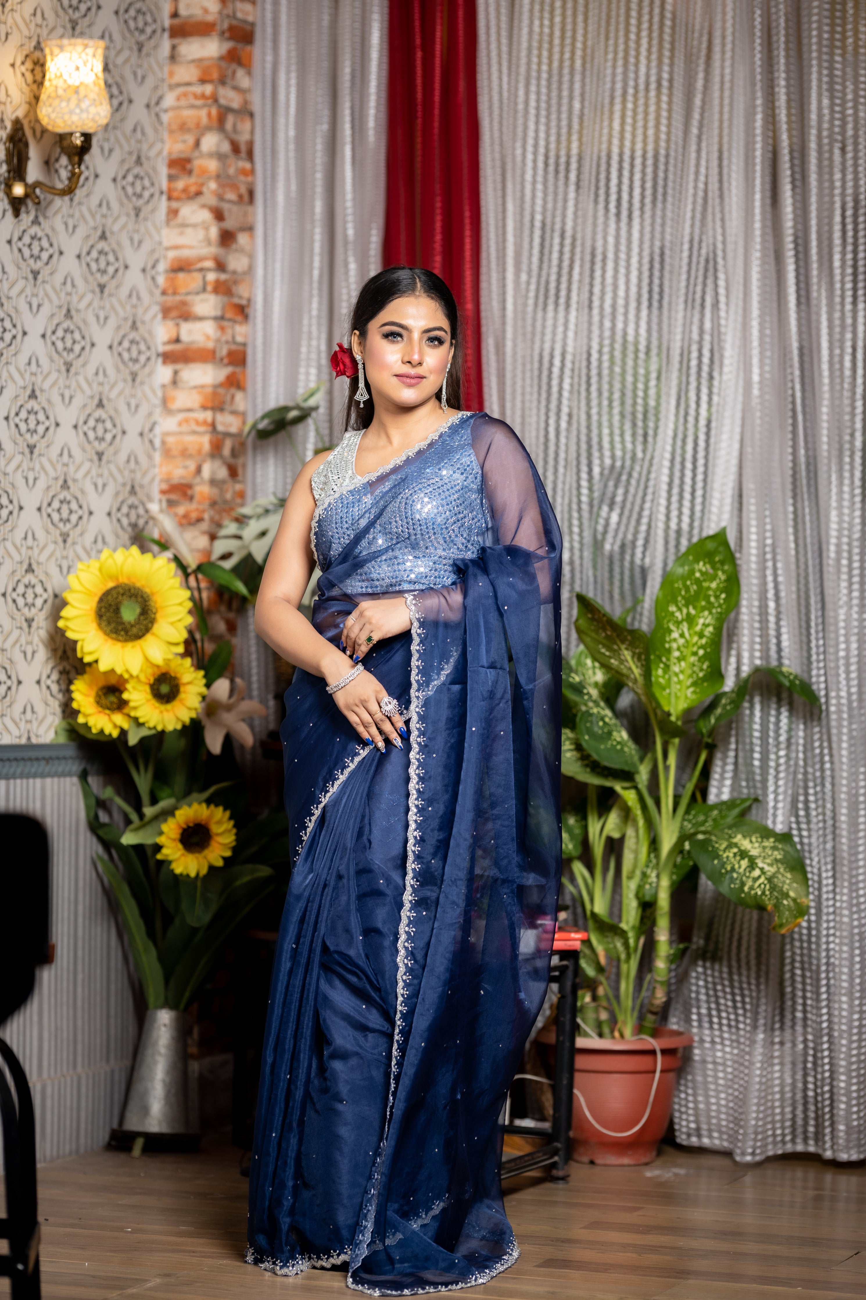 Sapphire || Navy Blue Soft Organza Fancy Saree with all over Stone and Silver Cut-dana & White Moti Handwork Border