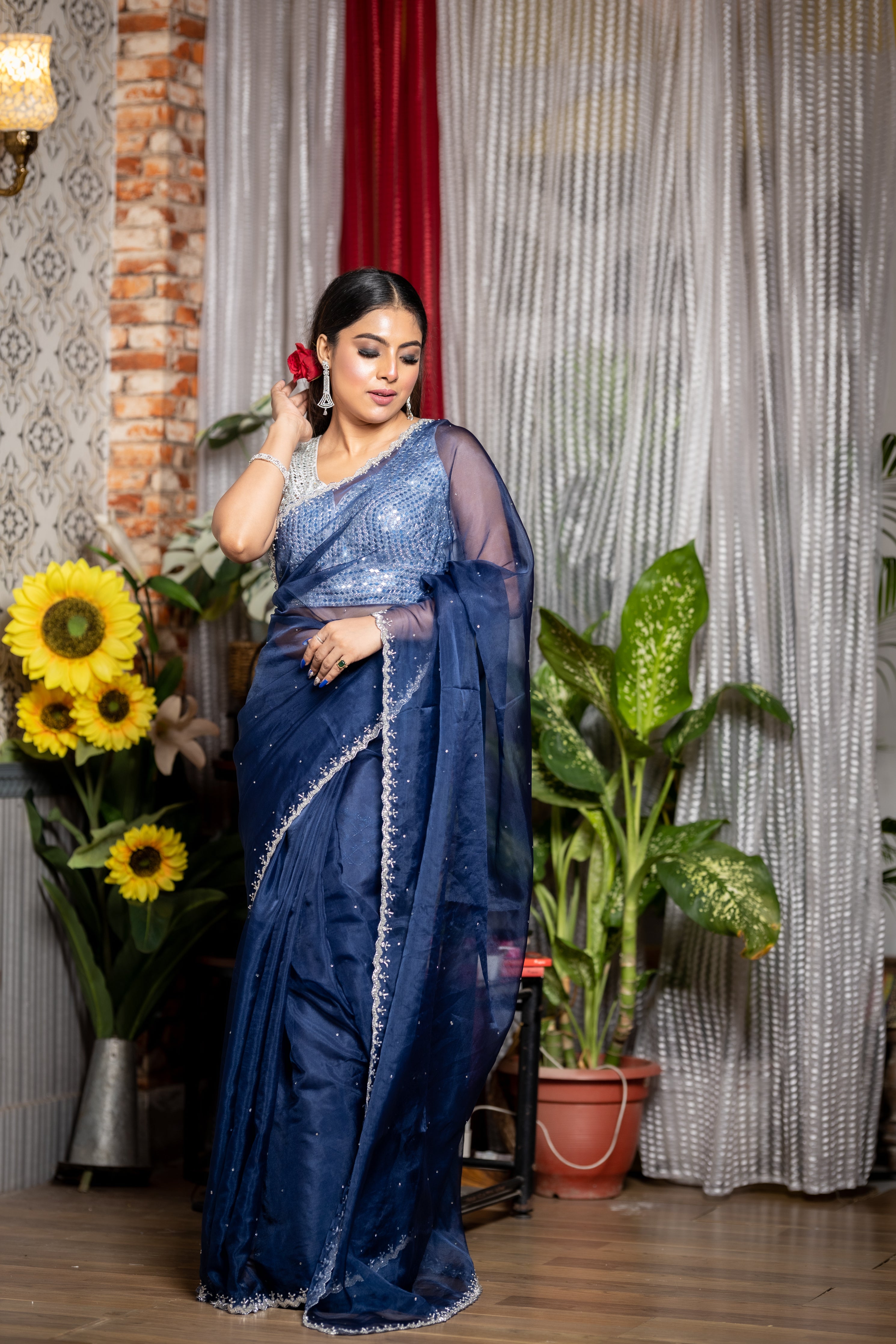 Sapphire || Navy Blue Soft Organza Fancy Saree with all over Stone and Silver Cut-dana & White Moti Handwork Border