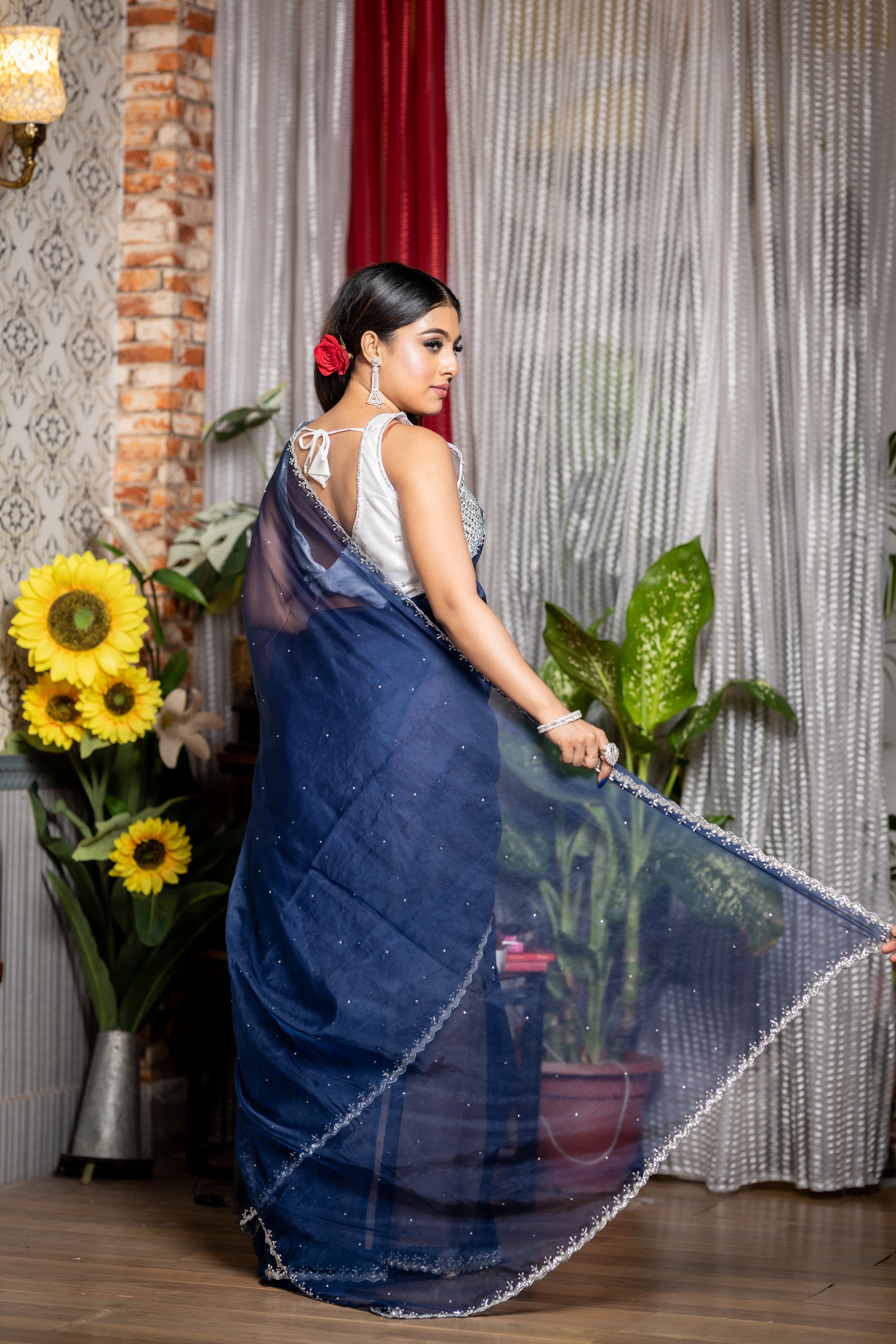 Sapphire || Navy Blue Soft Organza Fancy Saree with all over Stone and Silver Cut-dana & White Moti Handwork Border