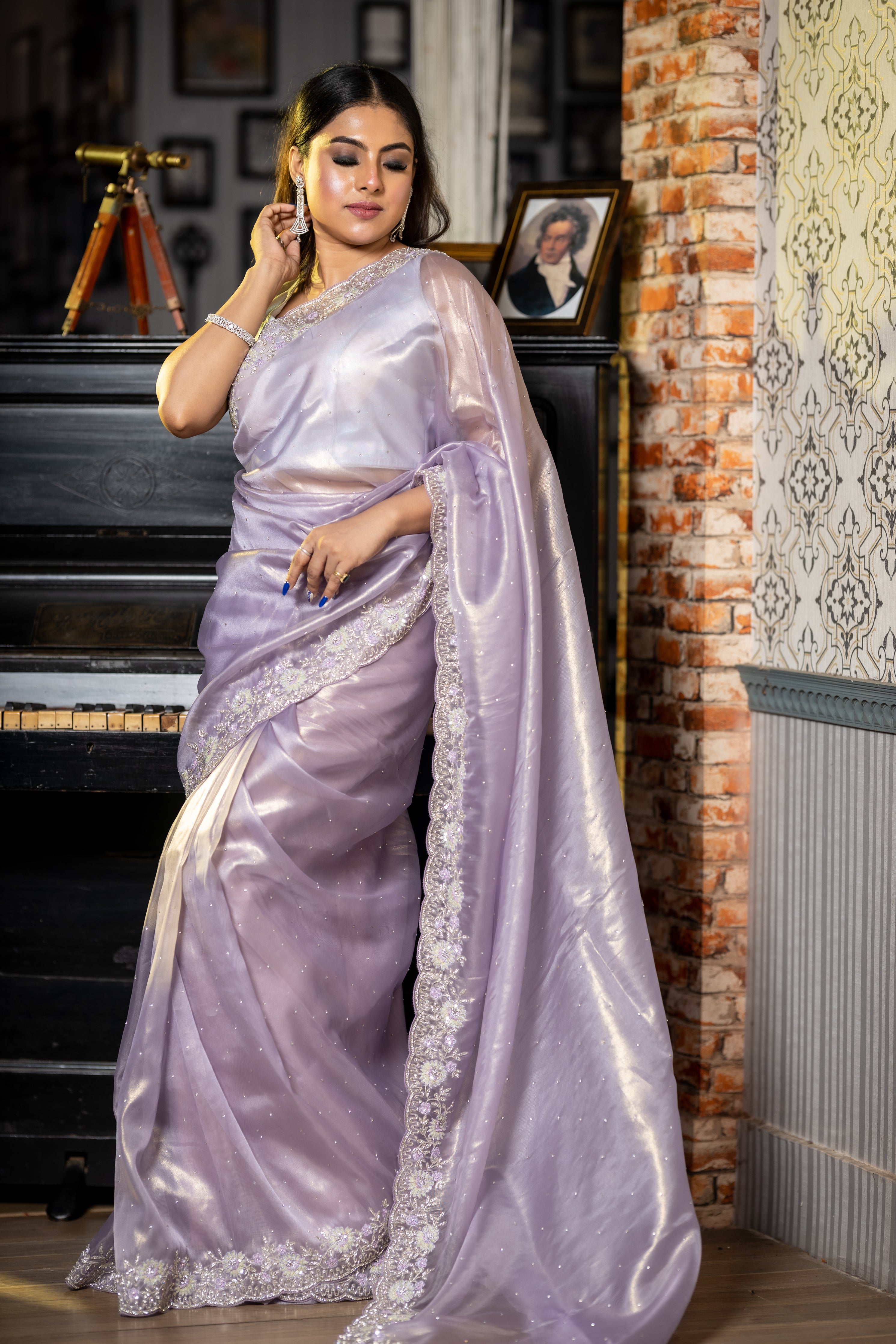 Laaj || Lavender & Gold dual tone Raina Tissue Fancy Saree with all over Stone and Sequins, Stone & Cut-dana Handwork Floral Border