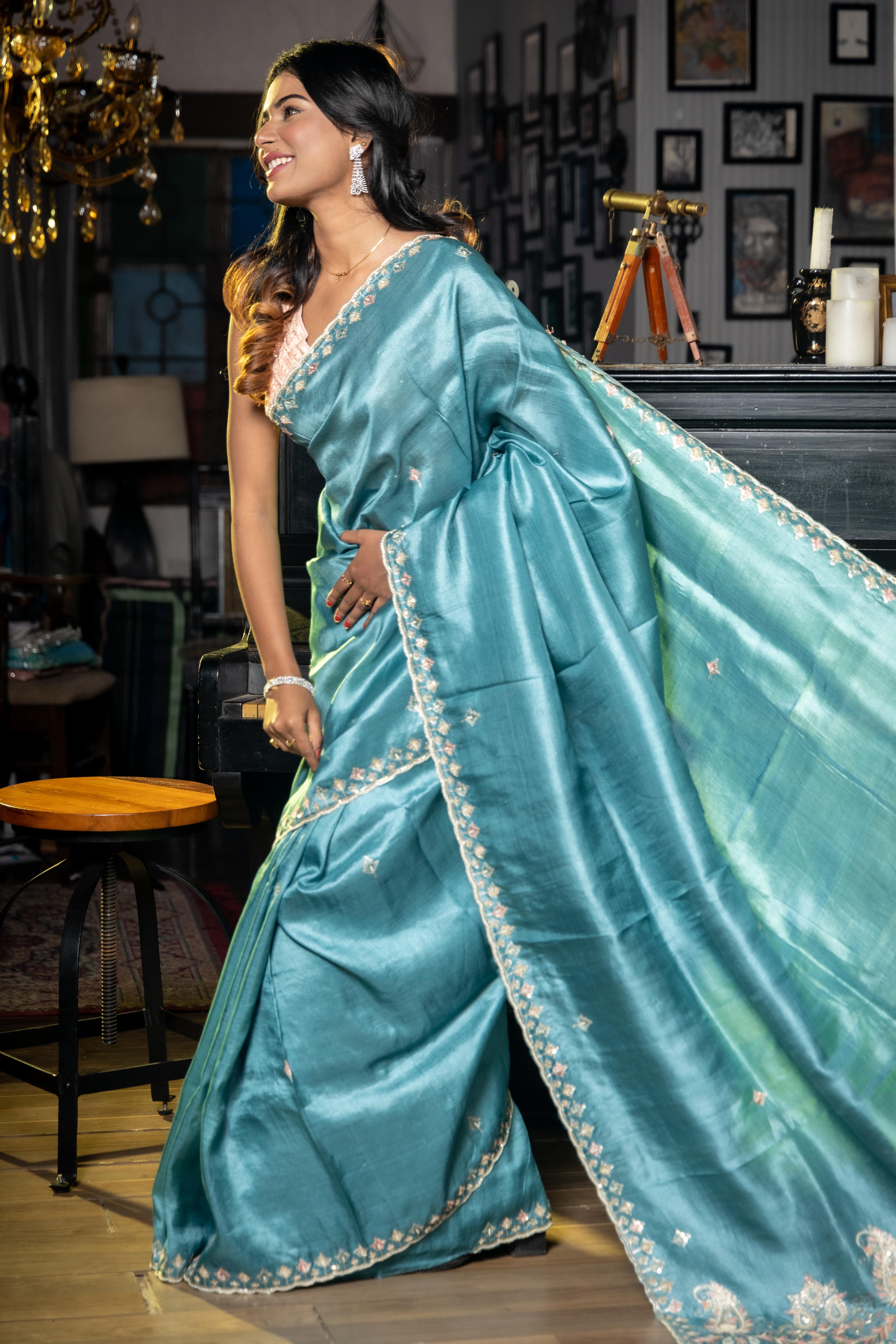 Arna || Dusty Blue Pure Tussar Silk Hand Embroidery Saree with all over Multi-colour Resham Floral Buti and Pita Zari-Moti- Zardozi highlights