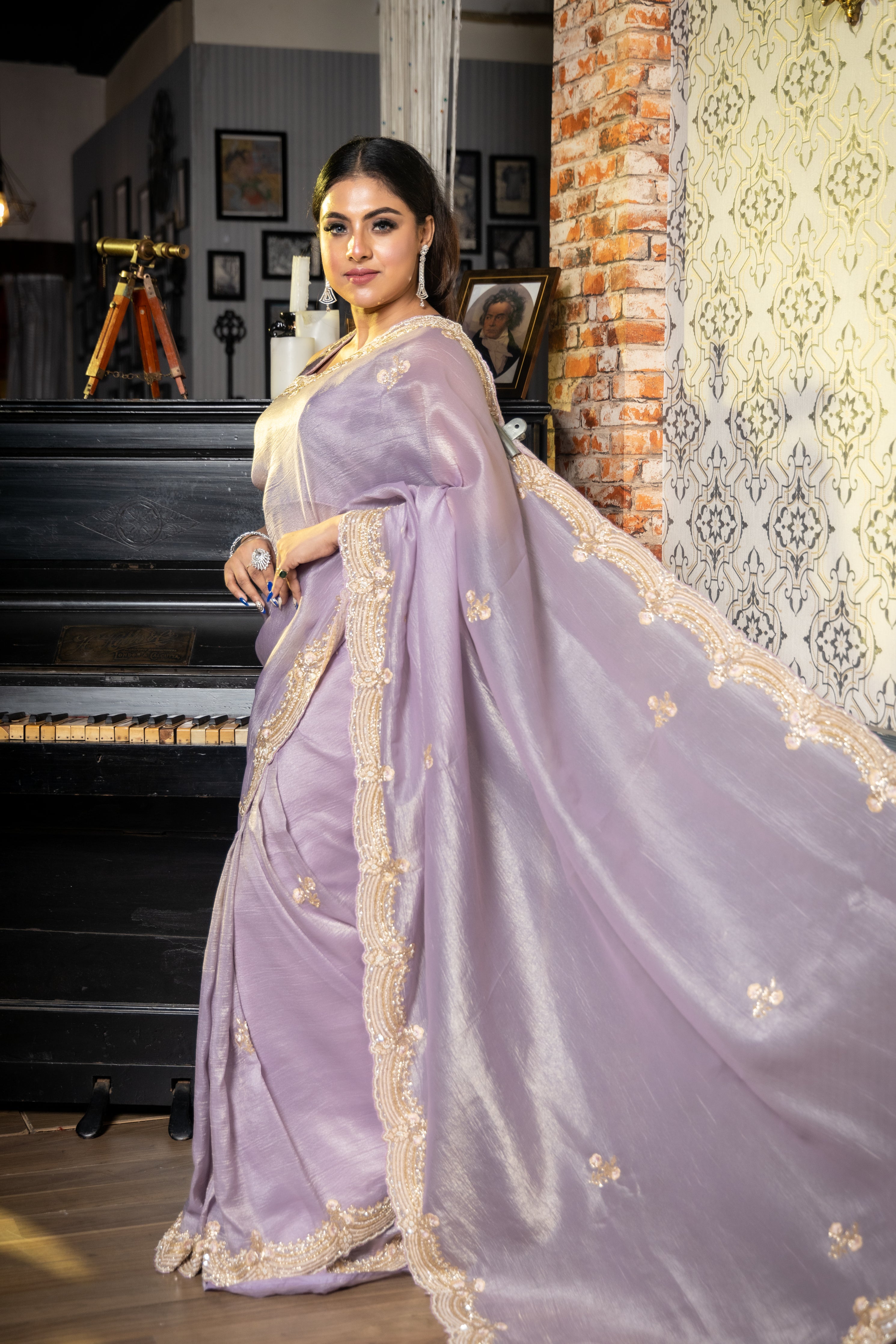 Viola || Lavender & Gold dual tone Crushed Silk Tissue Fancy Saree with all over Cut-dana, Sequins, Moti, Resham & Matte Copper Zardosi Handwork Floral Buta and Border with Stone highlights