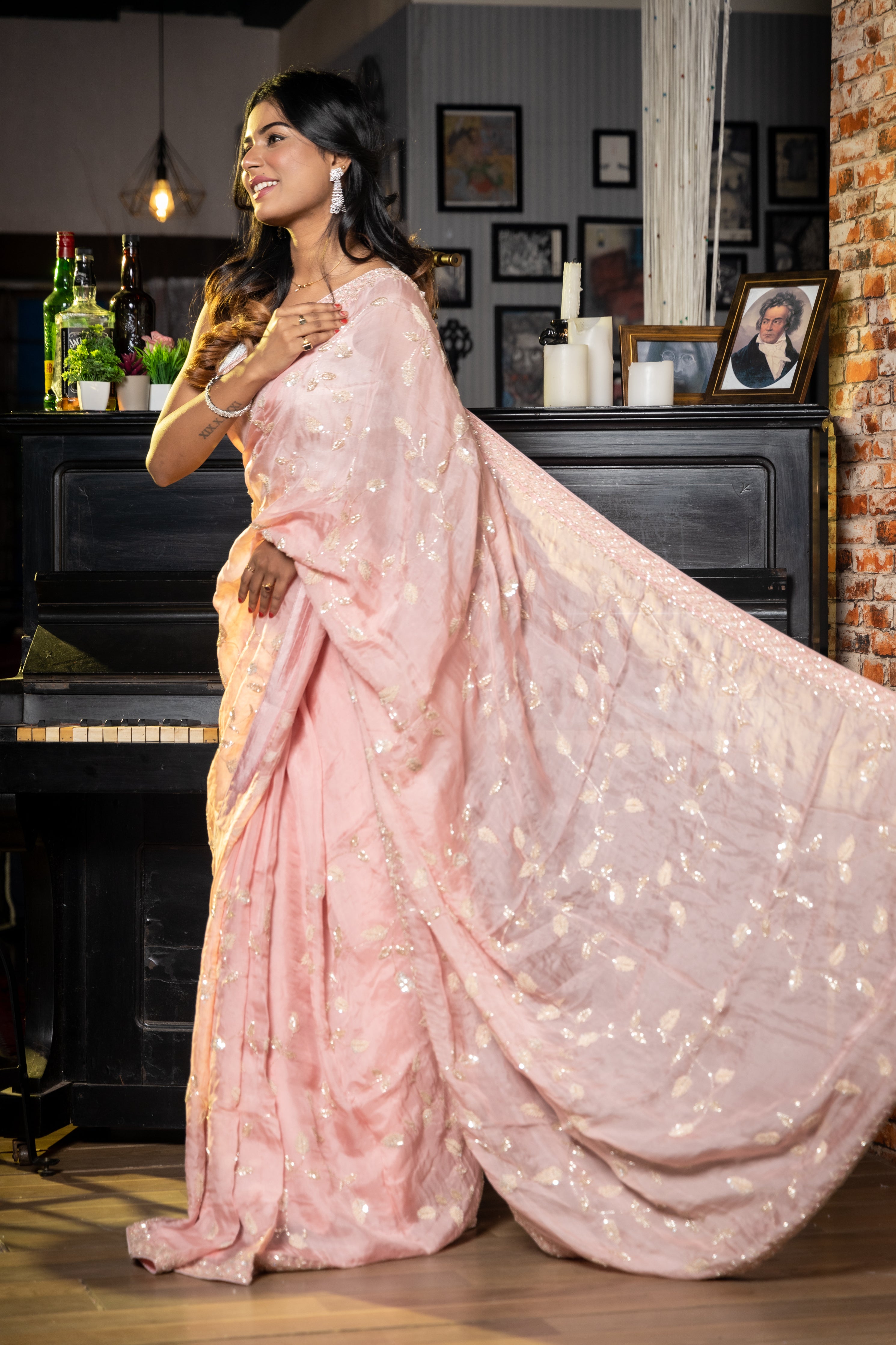 First Love || Rose Pink Lily Organza Fancy Saree with all over Silver & Pale Pink Sequins & Cut-dana Handwork Buti & 'Leaf' motif Jaal and Border