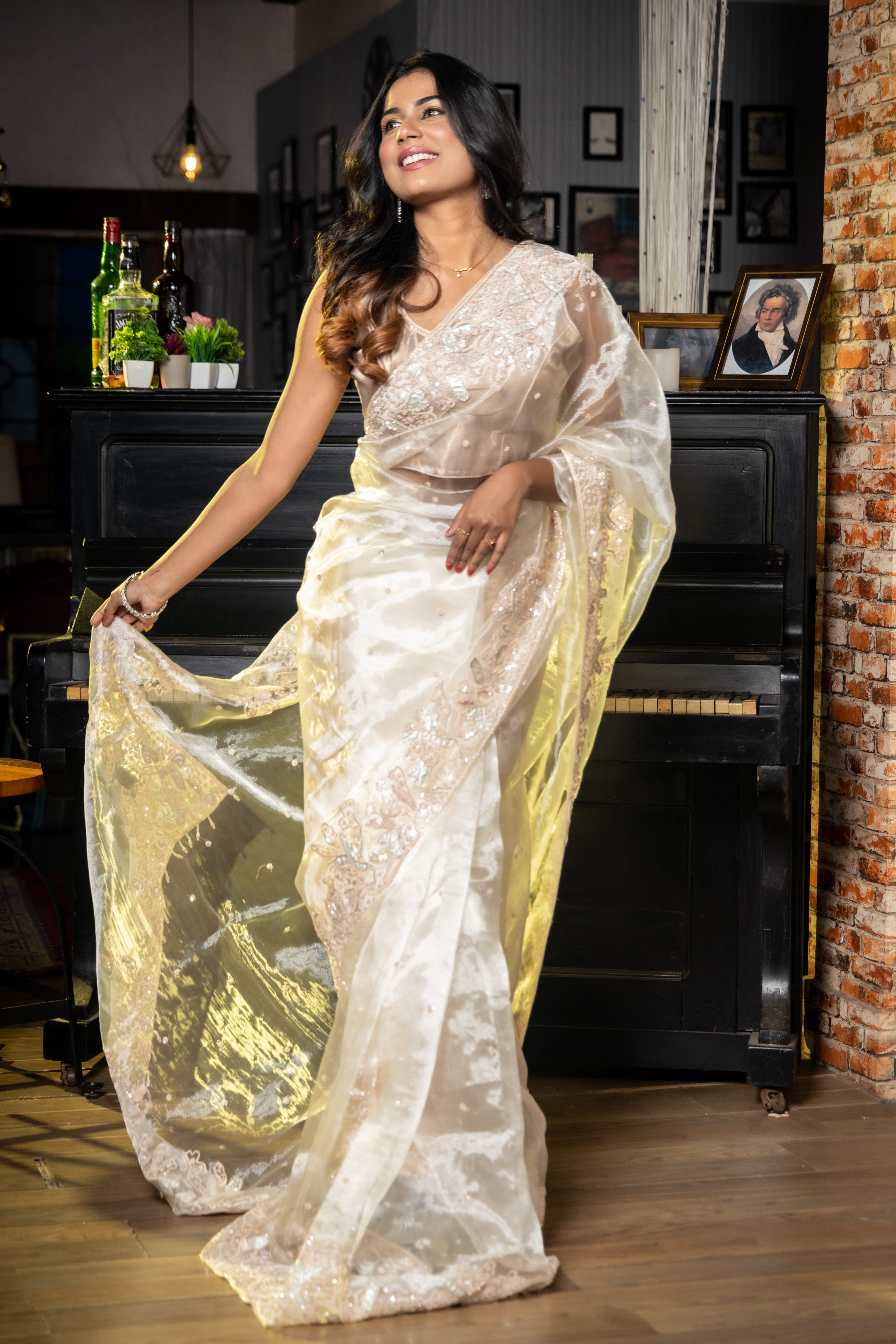 Sitara || Off-White Glass Tissue Fancy Saree with all over Silver & Pale Pink Sequins, Moti & Cut-dana Handwork Buti and Border