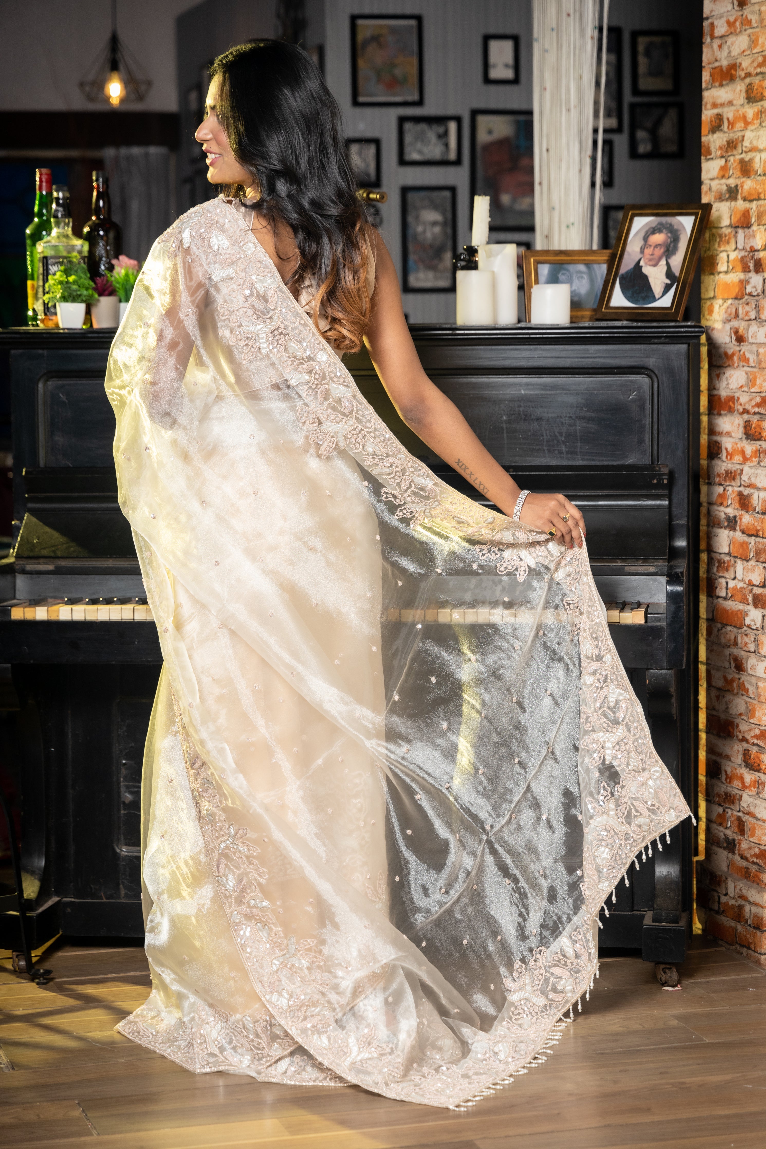 Sitara || Off-White Glass Tissue Fancy Saree with all over Silver & Pale Pink Sequins, Moti & Cut-dana Handwork Buti and Border