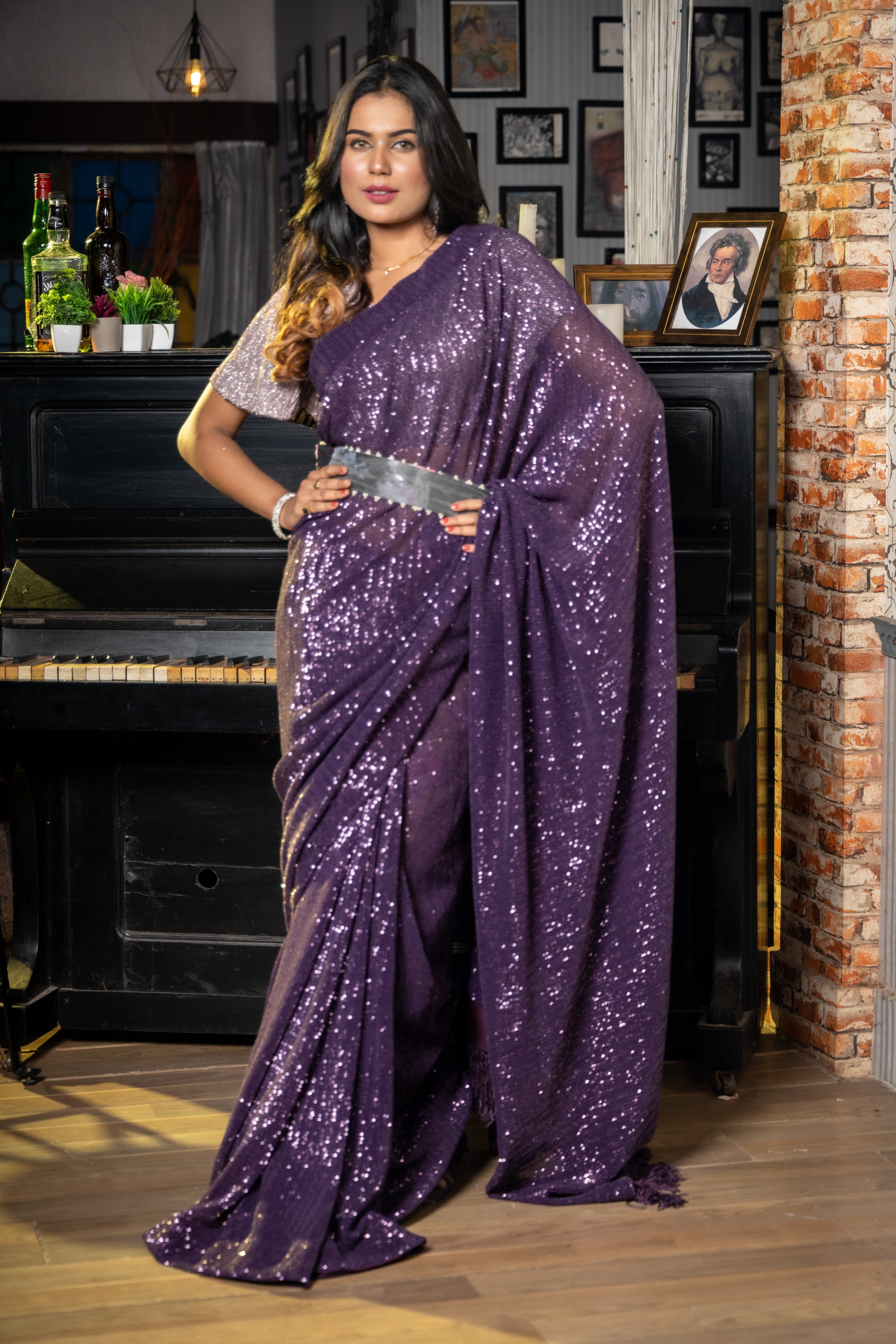 Glitterati || Dark Purple Net Fancy Saree with all over Dark Purple self Resham Stripe & woven Sequins highlights with matching Belt