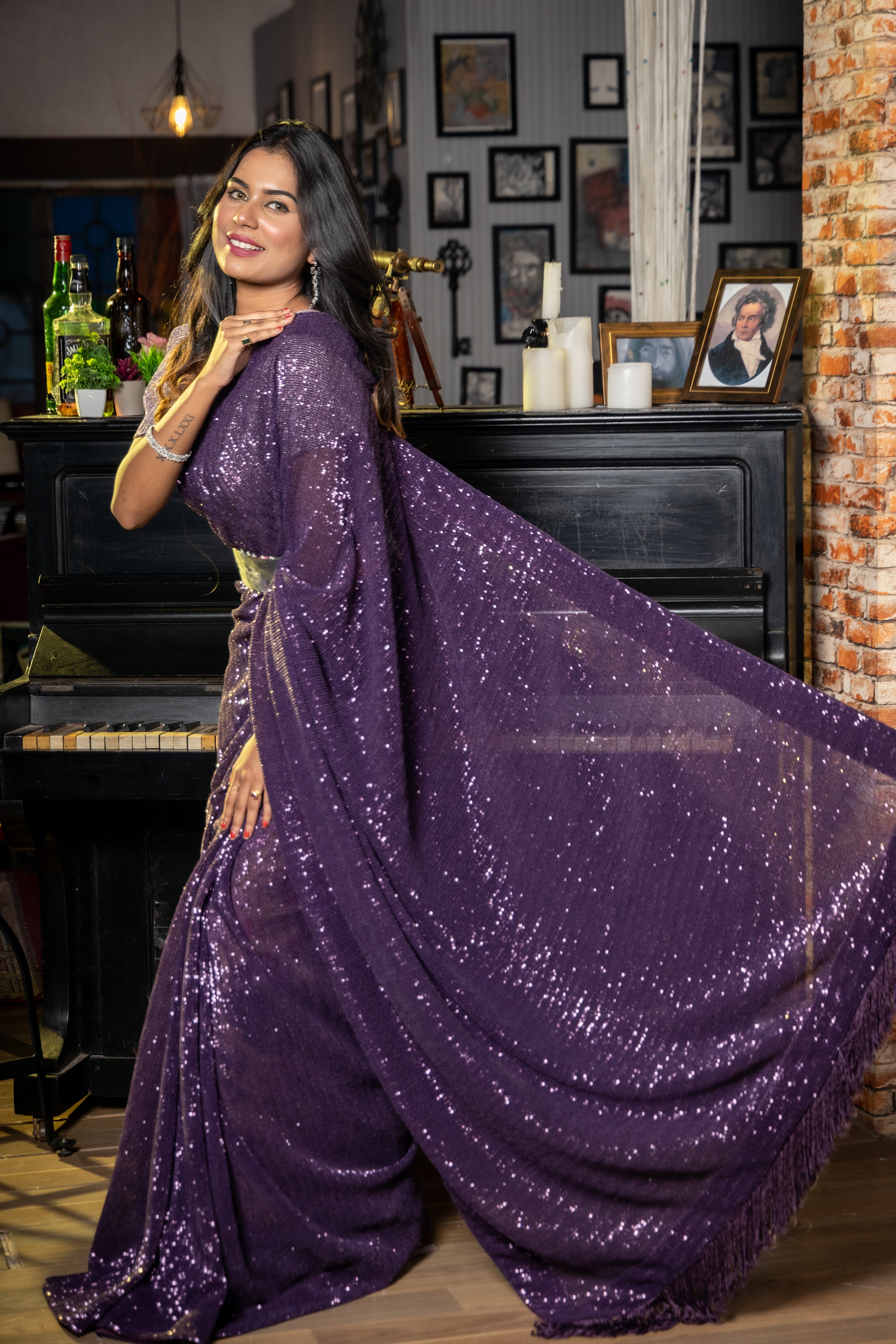 Glitterati || Dark Purple Net Fancy Saree with all over Dark Purple self Resham Stripe & woven Sequins highlights with matching Belt