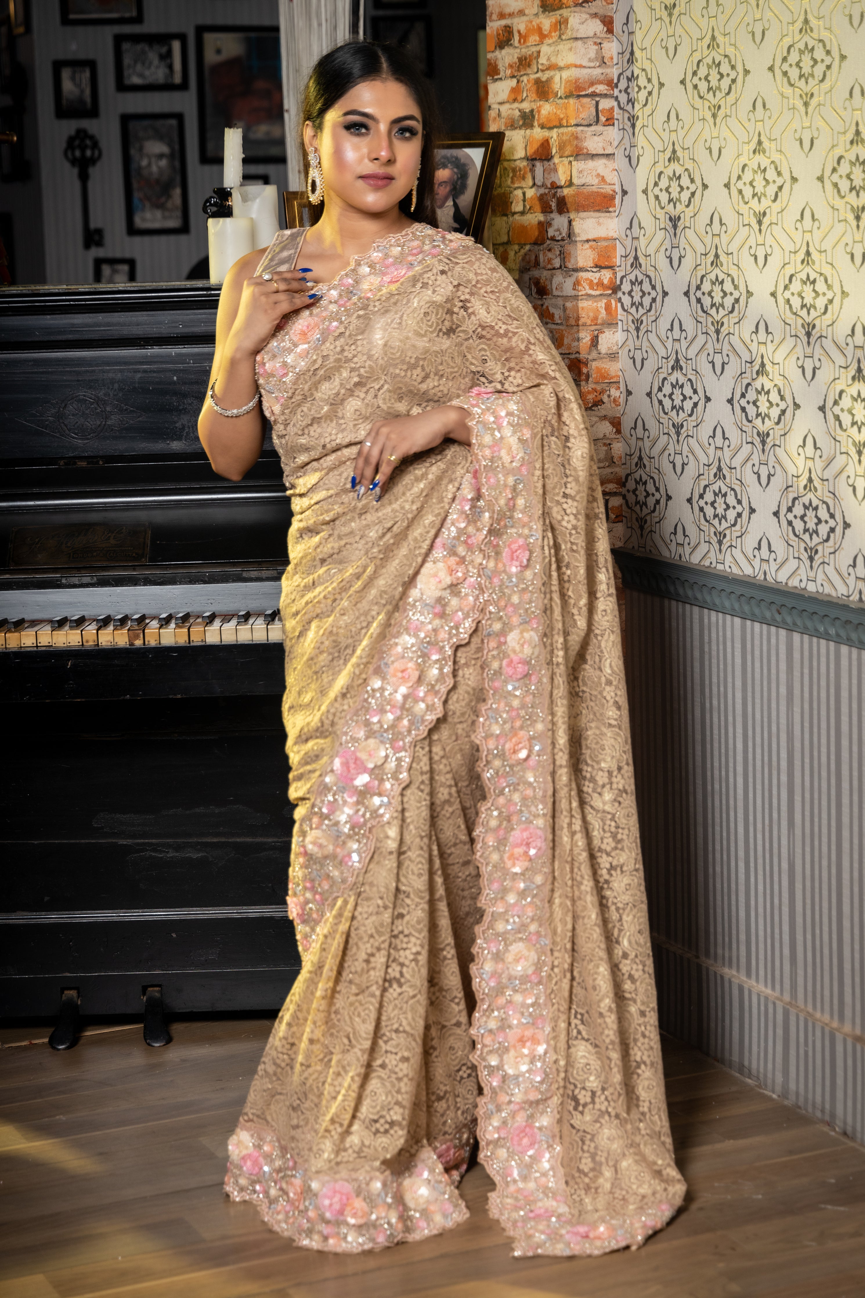 Gulzar || Light Khaki Brown & Matte Gold Zari Chantilly Lace 'Rose' motif Fancy Saree with Plain Body and Multi-colour Sequins, Moti & Cut-dana Handwork Border