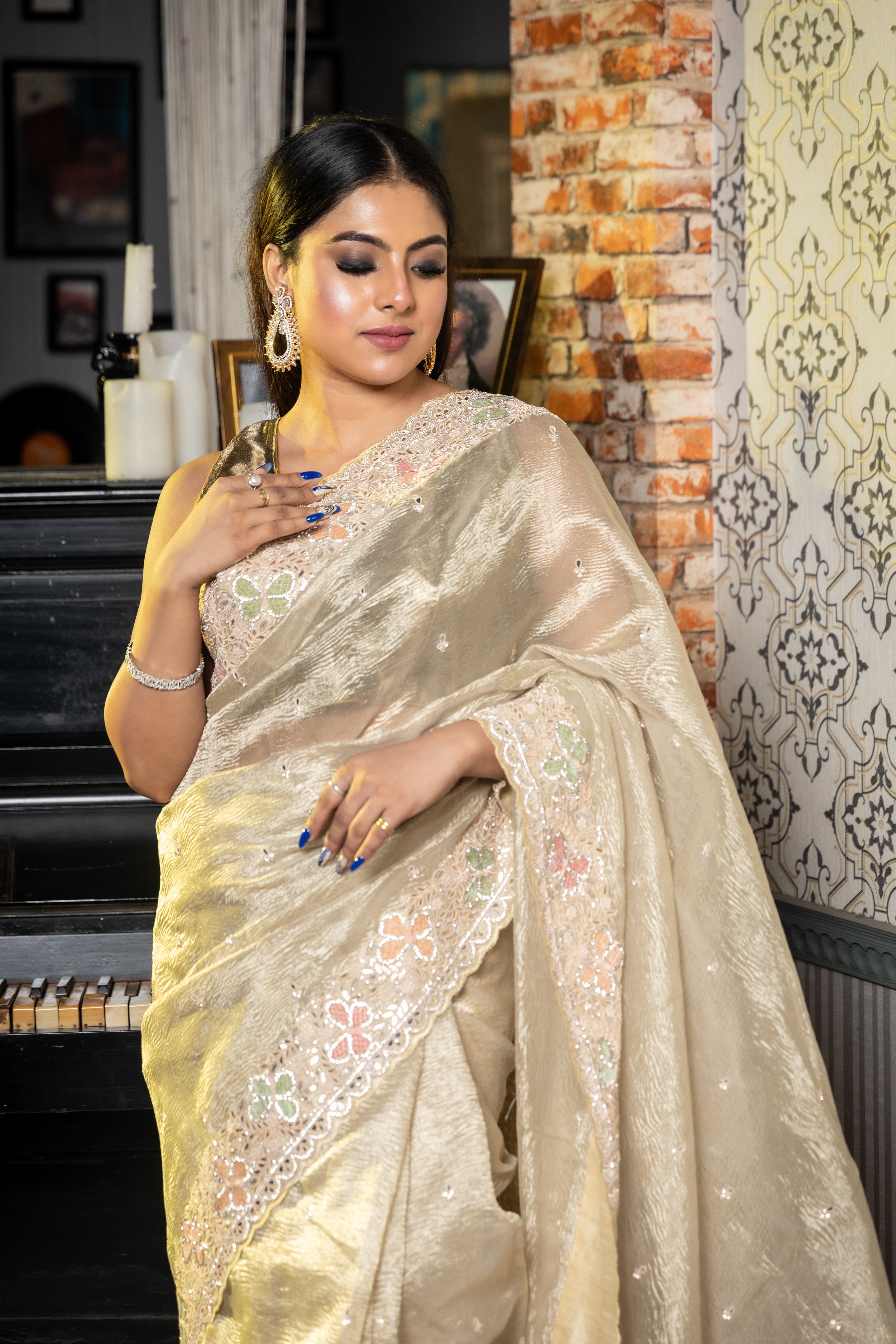 Titli || Light Golden Crushed Tissue Fancy Saree with all over Peta Zari, Cut-dana, Moti & Stone Handwork Buti and Border