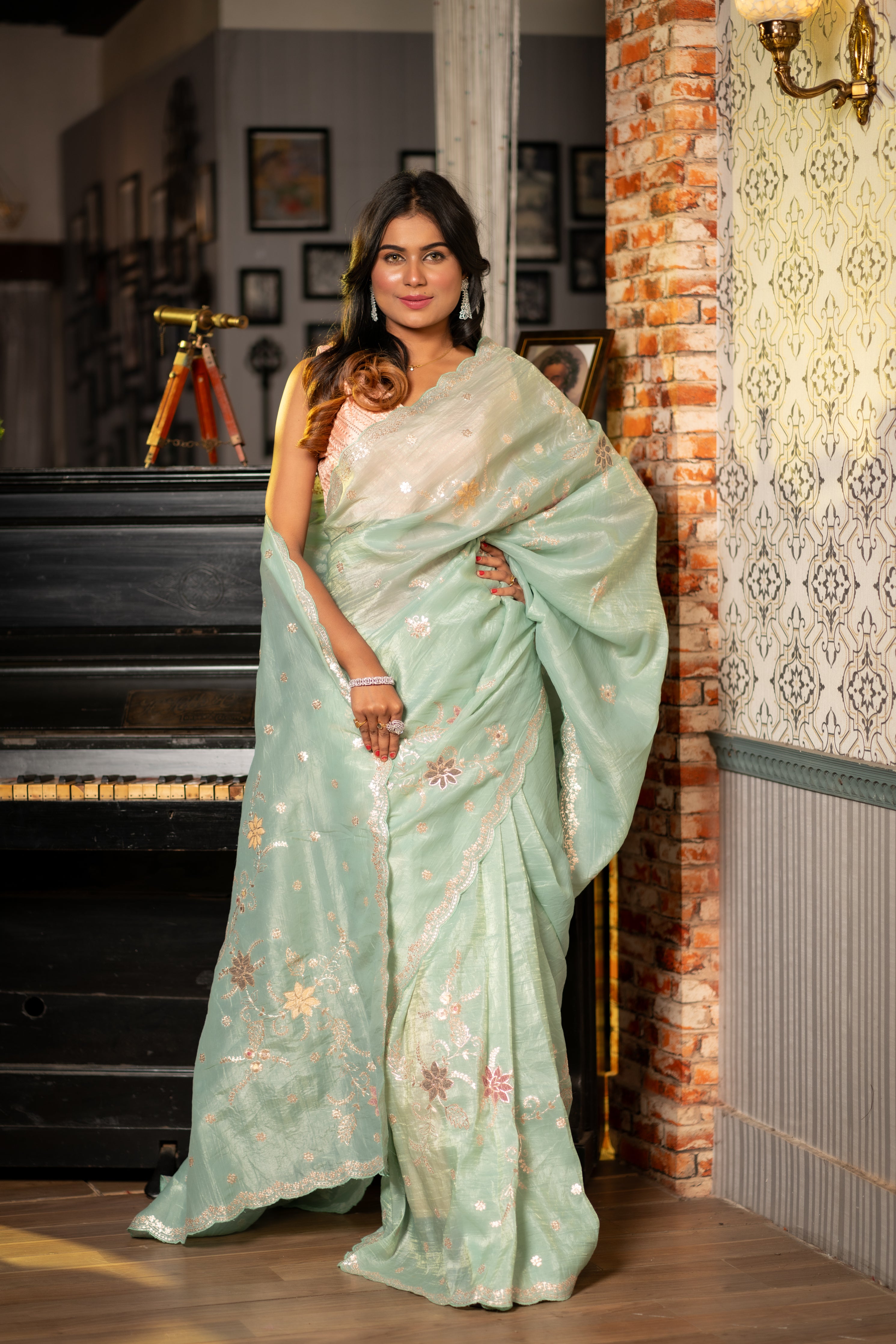 Raaga || Sea Green Crushed Soft Tissue Fancy Saree with all over Pitta Zari Buti & Multi-colour Applique Floral Jaal Handwork and Matte Gold Pitta Zari Border
