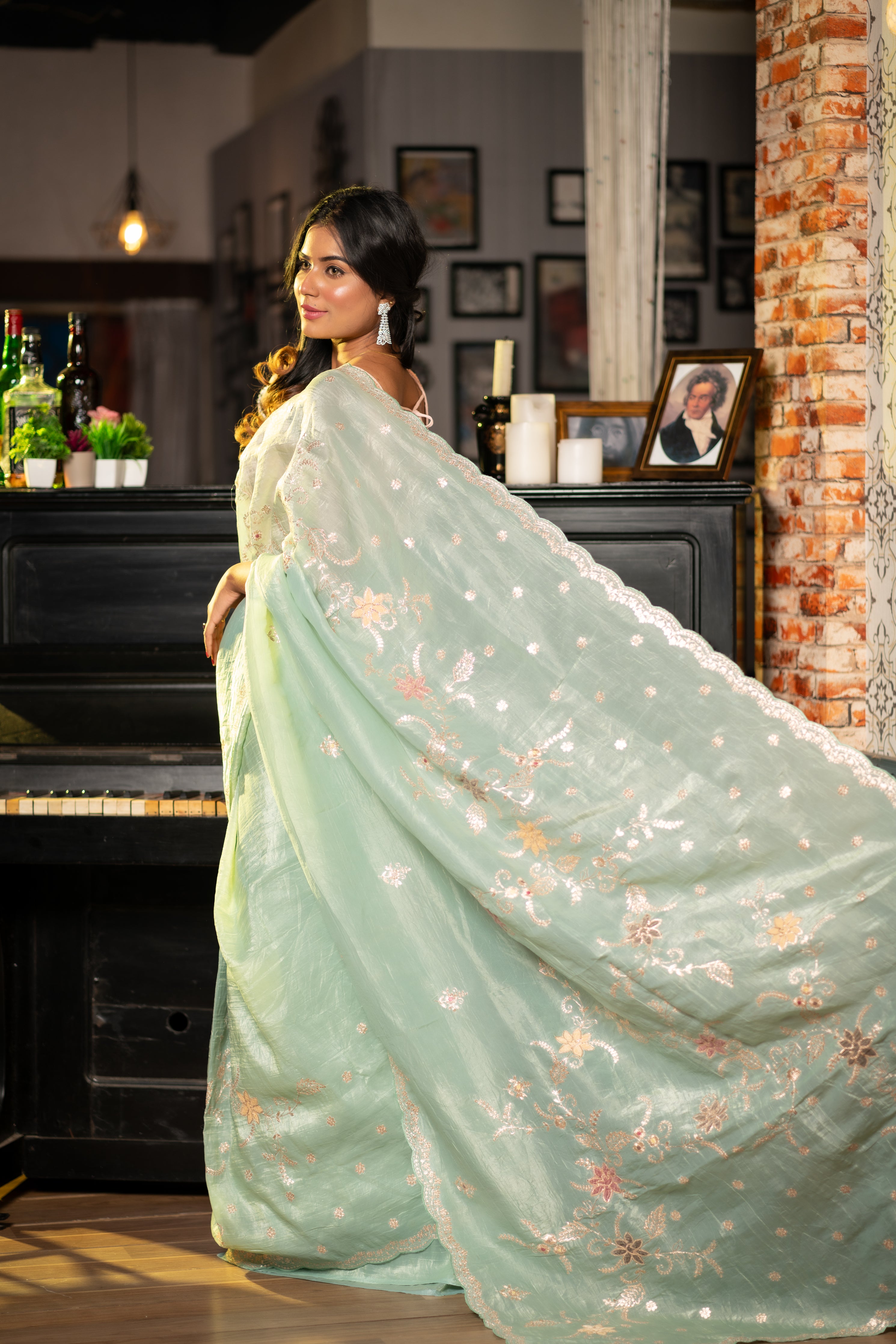 Raaga || Sea Green Crushed Soft Tissue Fancy Saree with all over Pitta Zari Buti & Multi-colour Applique Floral Jaal Handwork and Matte Gold Pitta Zari Border