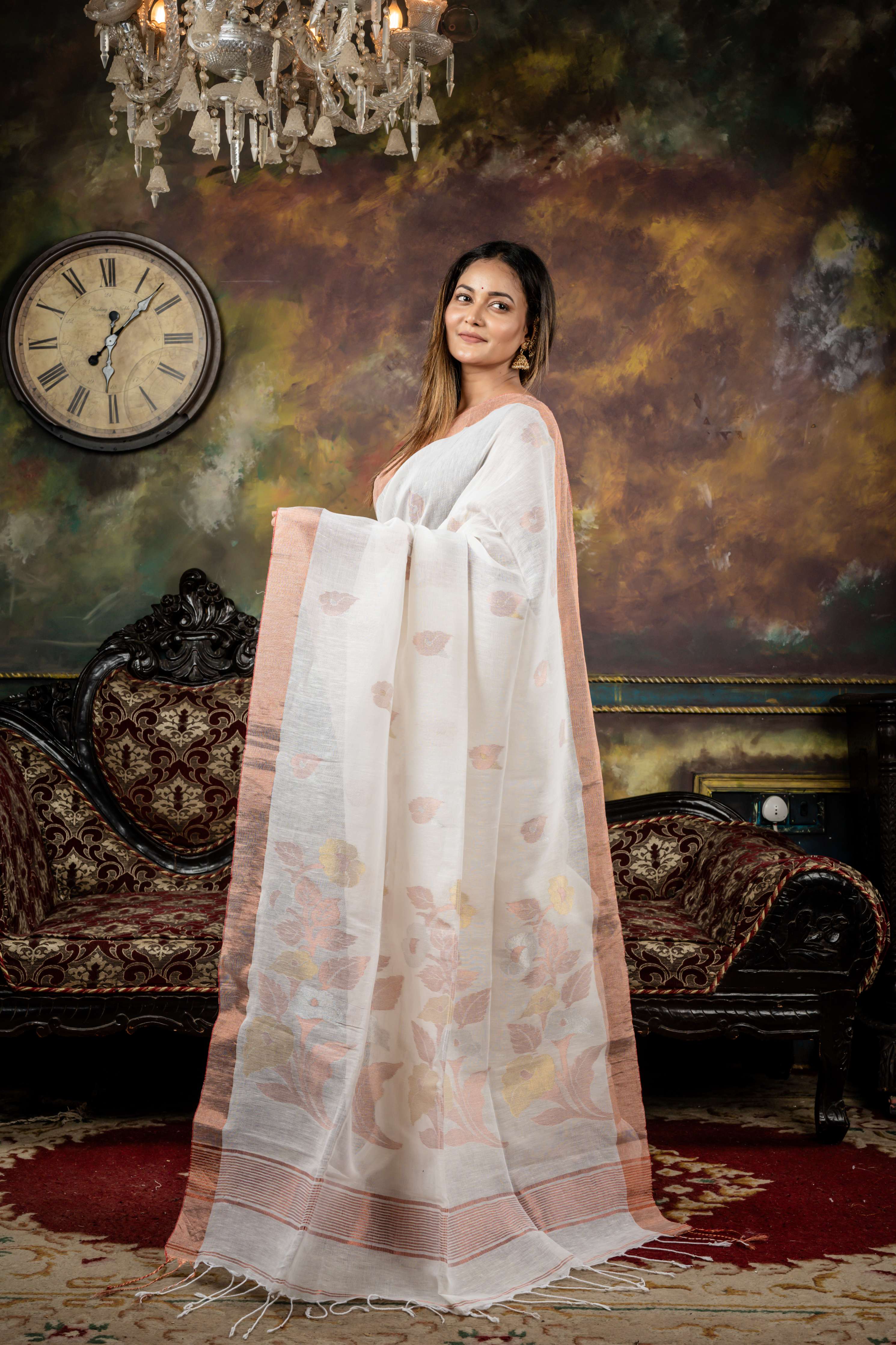 Champa || Off-White Organic Linen Bengal Handloom Saree with all over Silver,Gold & Copper Zari Floral Jamdani Buta and Pallu with Copper Zari Border