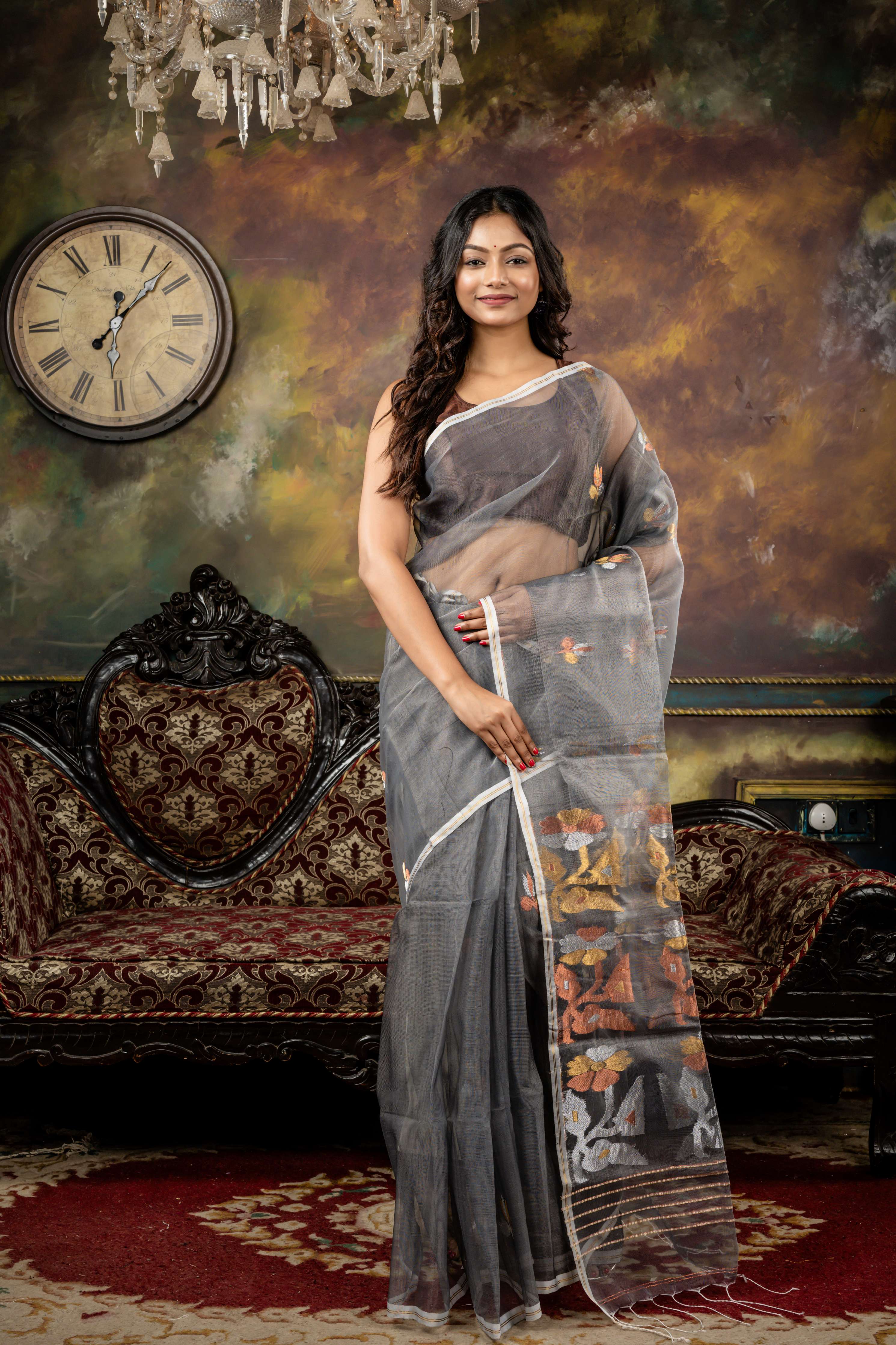 Srija || Medium Grey Muslin Bengal Handloom Saree with all over Silver, Copper & Antique Gold Floral motif Jamdani Buti and Pallu