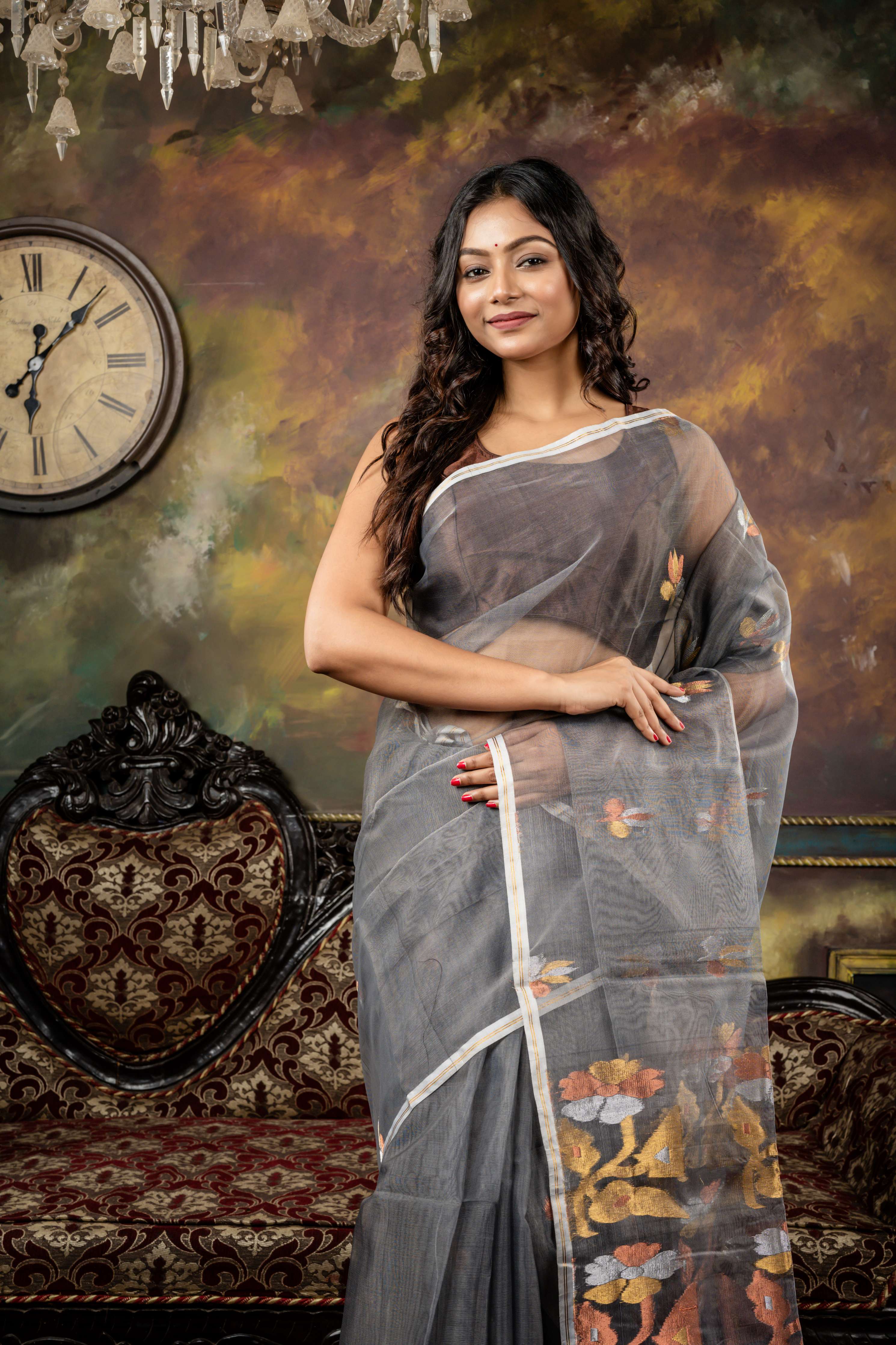 Srija || Medium Grey Muslin Bengal Handloom Saree with all over Silver, Copper & Antique Gold Floral motif Jamdani Buti and Pallu