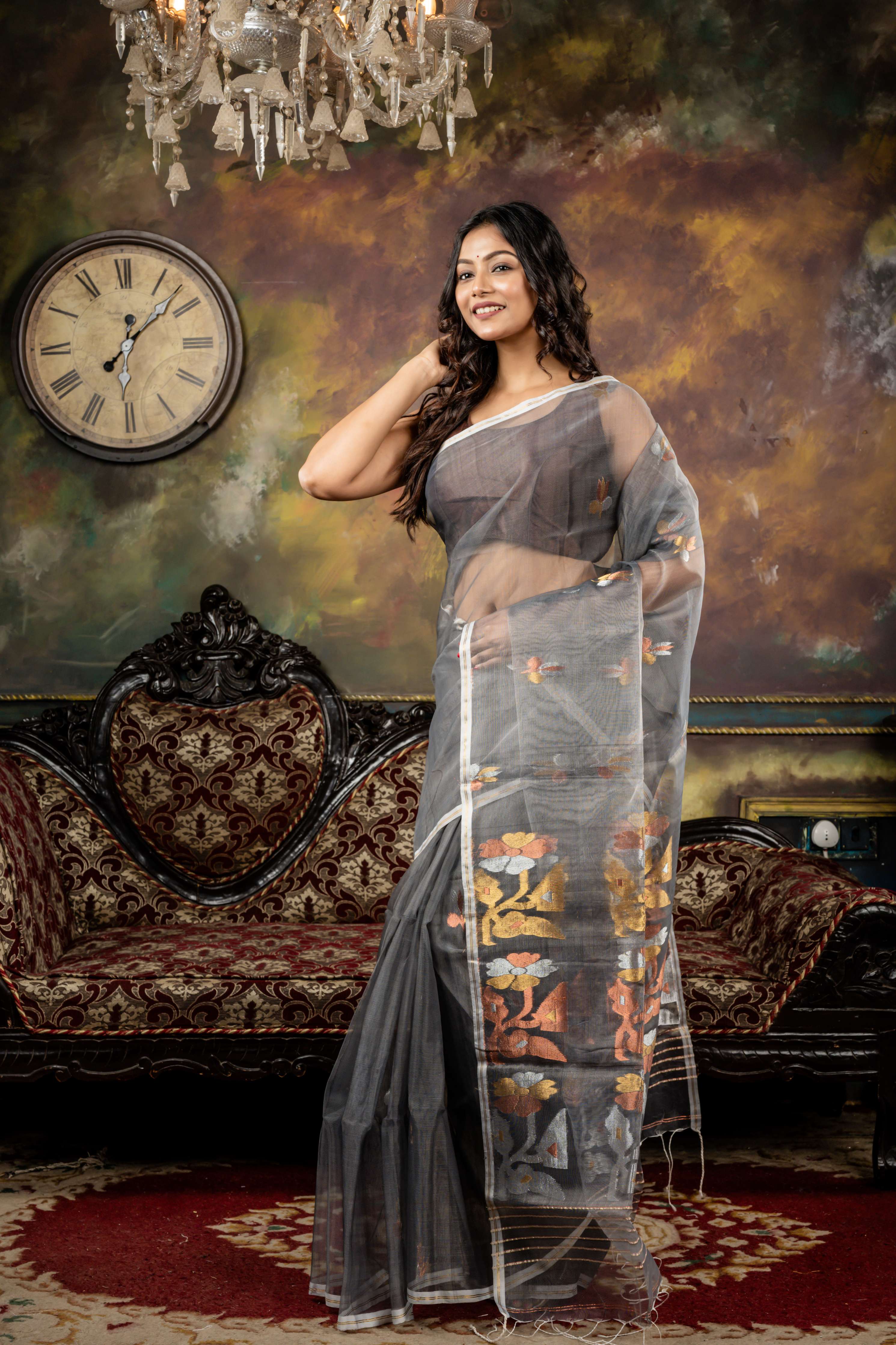 Srija || Medium Grey Muslin Bengal Handloom Saree with all over Silver, Copper & Antique Gold Floral motif Jamdani Buti and Pallu