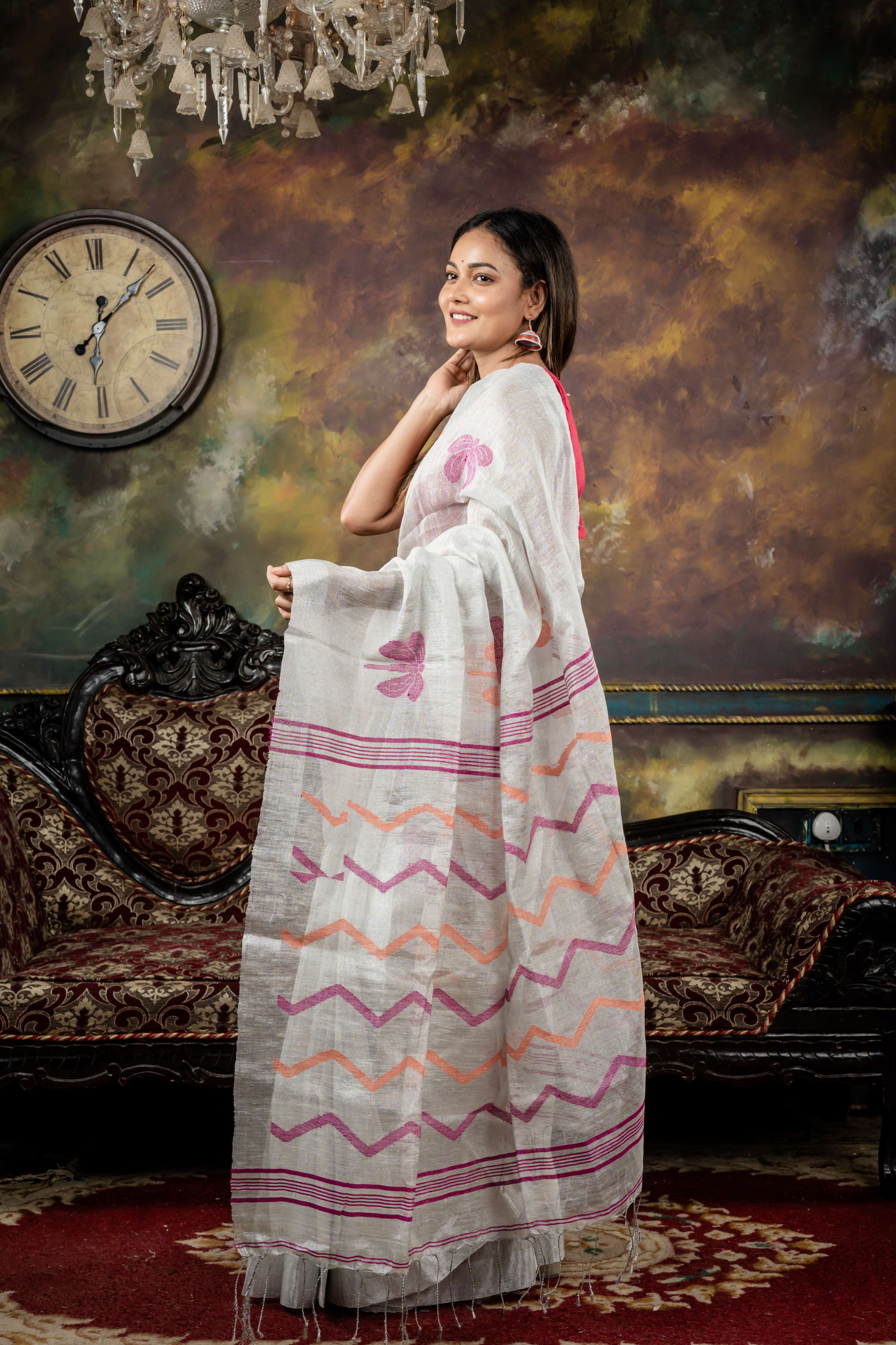 Bibha || Steel Grey Linen Bengal Handloom Saree with all over Magenta & Orange Resham Dragonfly motif and ZigZag Stripe Pallu